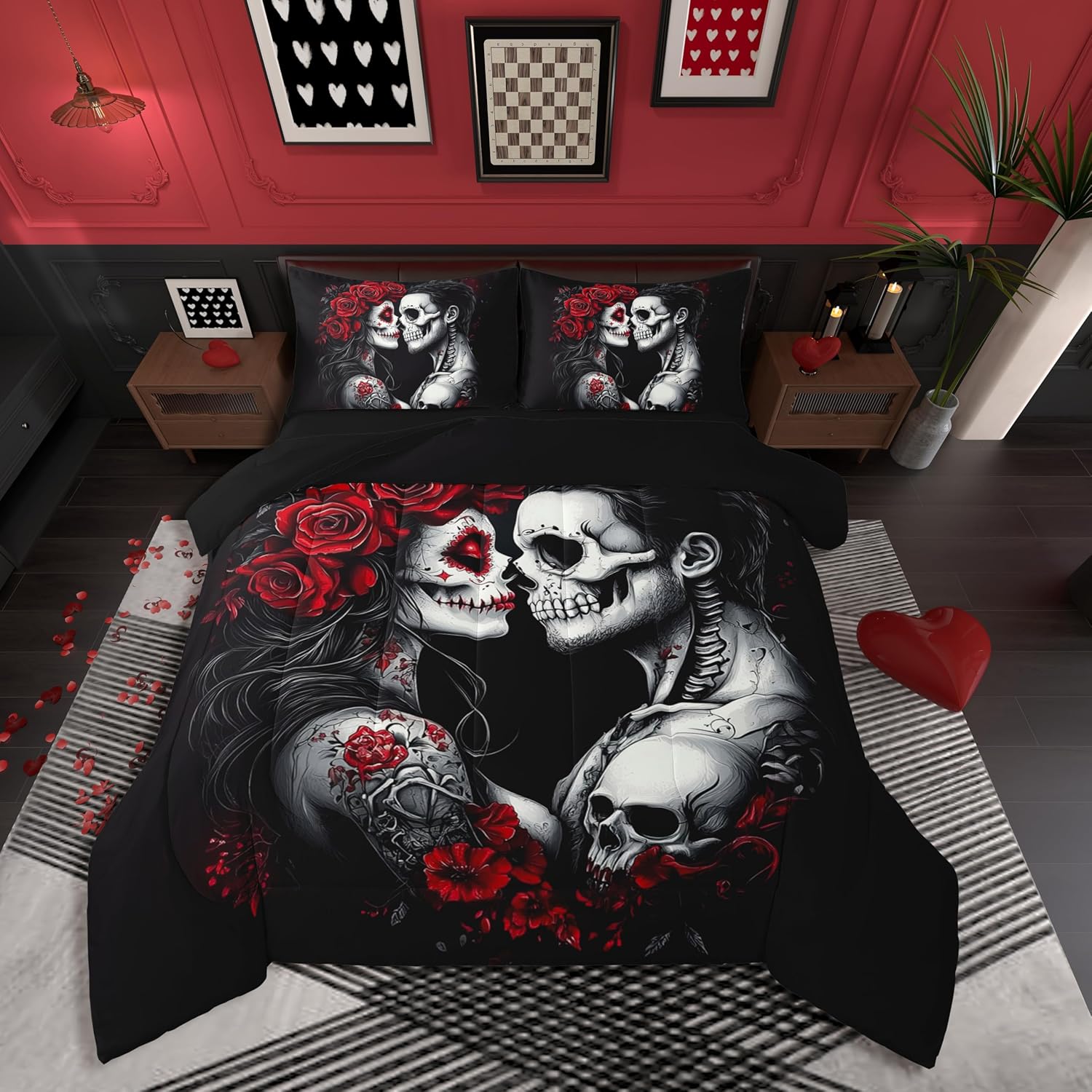 Erosebridal 7Pcs Skull Couple King Comforter Set,Kissing Lovers Skeleton Bedding Sets,Vintage Rose Flower Bed in A Bag,Gothic Spooky Lover Quilt with Flat Fitted Sheet Valentine's Day Bedroom Decor