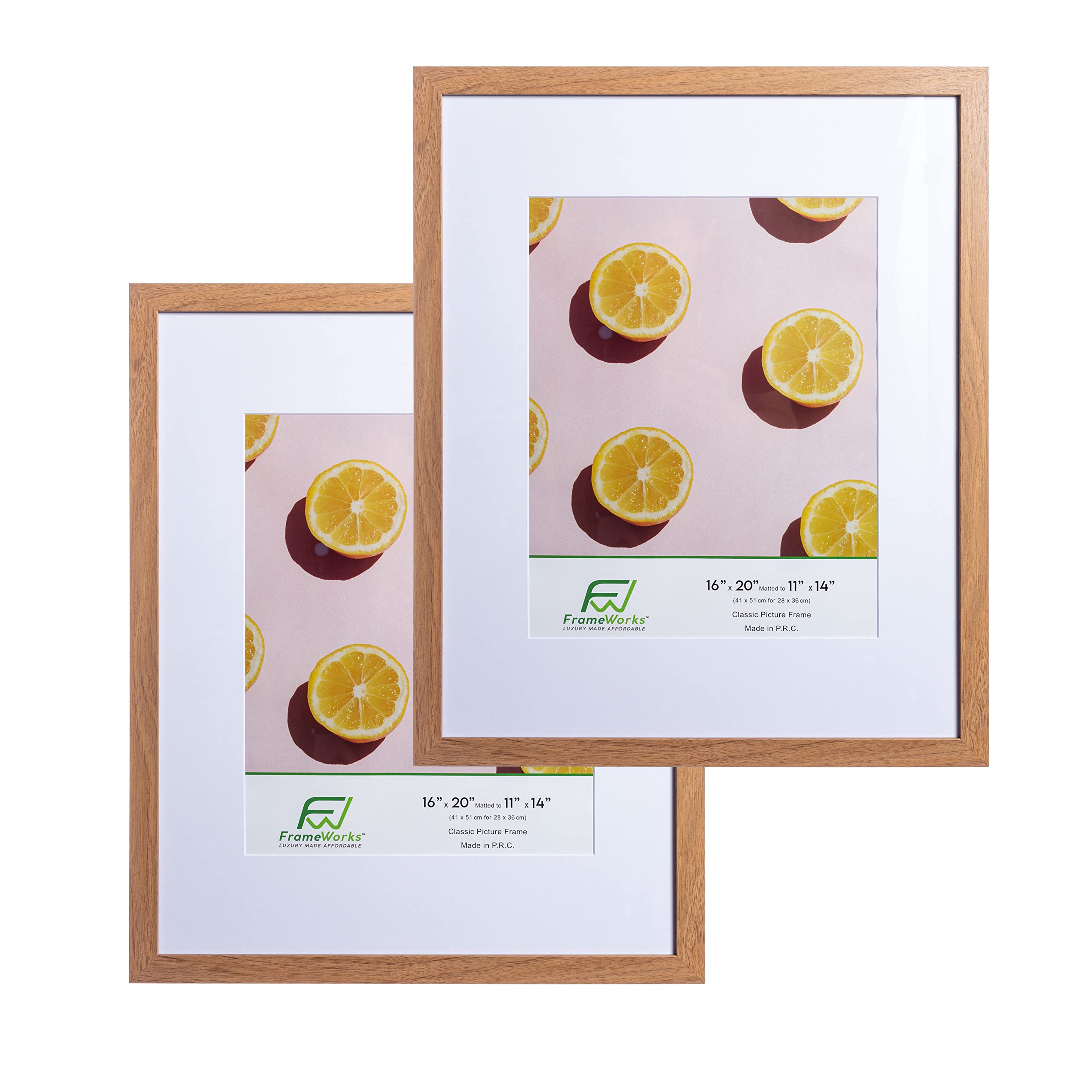 FrameWorks 16x20" mat to 11x14" Classic Wooden Picture Frames Tempered Glass / Golden Oak / 2-Pack
