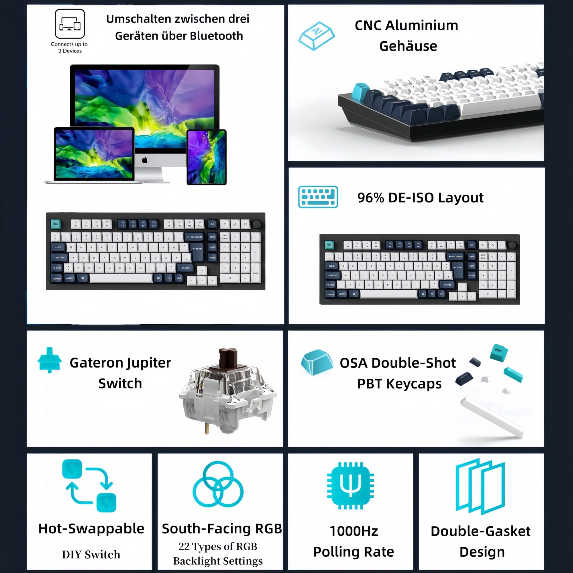 Keychron Q5 Max Kabellose Mechanische Tastatur,2.4 GHz Bluetooth QMK Voll-Aluminium 96% DE-ISO Layout RGB Hot-swappable Gateron Brauner Switch Für Mac Windows Linux
