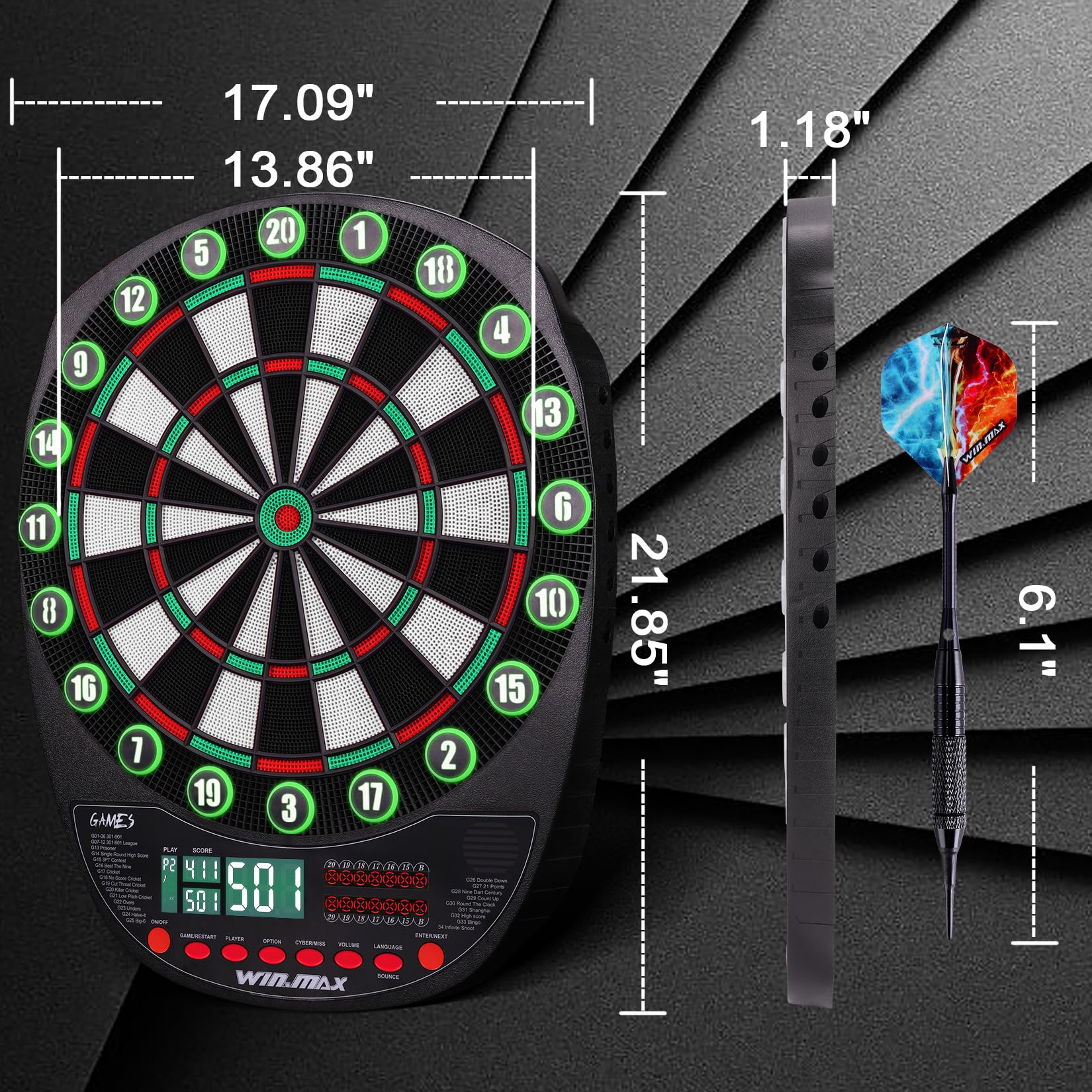 Bersaglio elettronico professionale 34 giochi 354 varianti 3 lingue tedesco inglese francese 1-8 giocatori 12 freccette