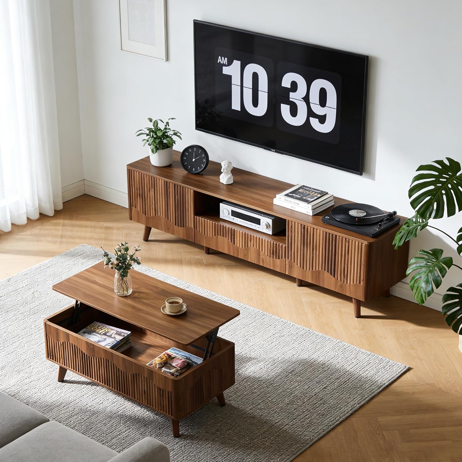 BERRYMERRY 62.2” Fluted Wave TV Stand for TVs up to 75”, Entertainment Center TV Console Table with Drawers and Open Shelves for Living Room Bedroom (Walnut)