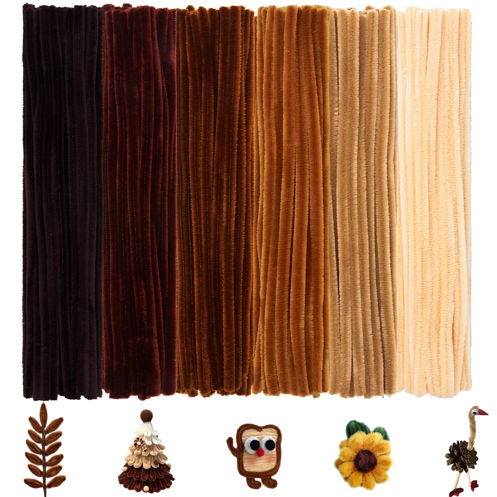 BULANGDE 300 Brown Pipe Cleaners for Craft Flowers, Coloured Pipe Cleaner 12" Long 8mm Thick, Chenille Stems, Fuzzy Wires for Crafts,DIY,Classroom,Festival,Party Decorations(Gradient Brown)