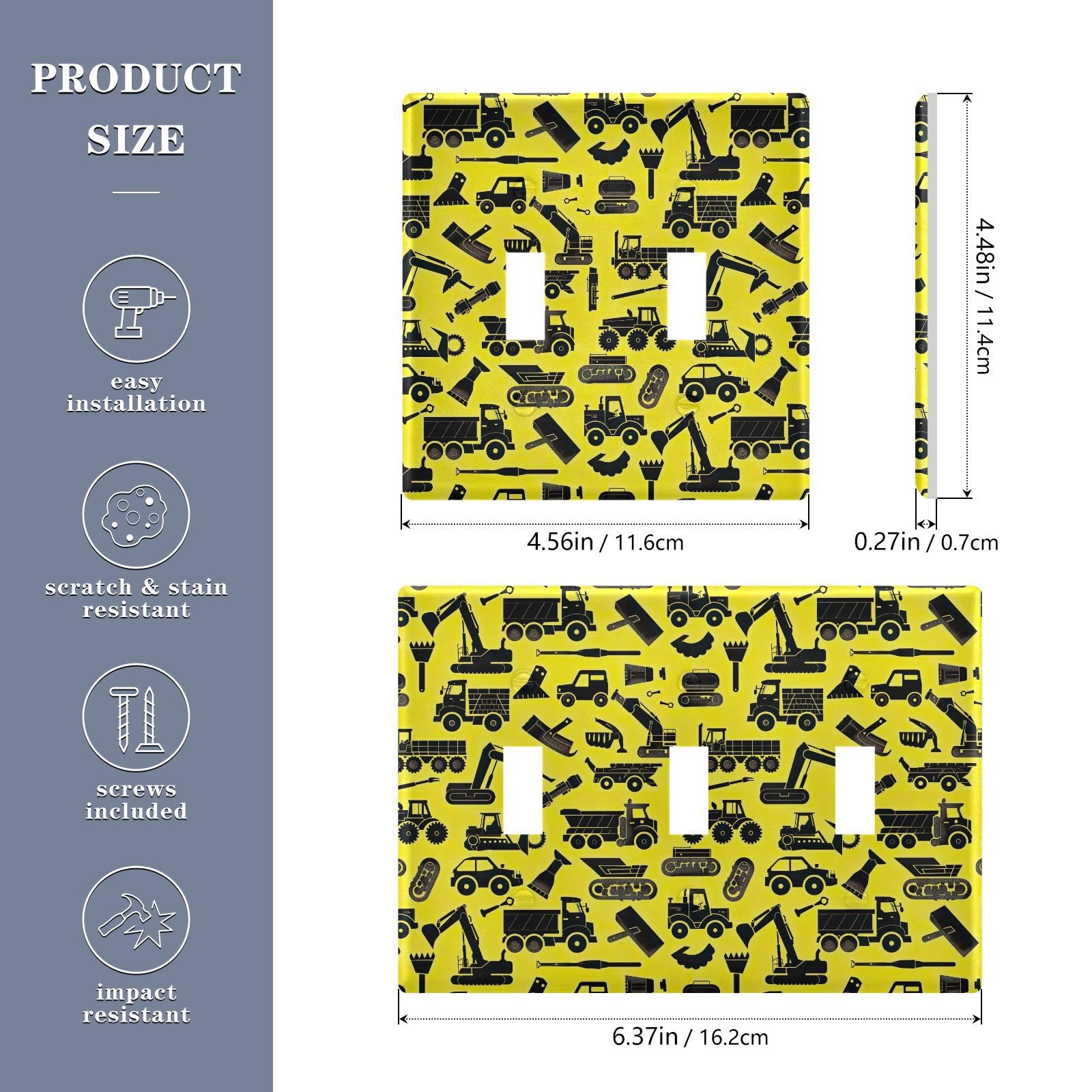 Light Switch Cover Cartoon Bulldozer Excavator Engineering Vehicle Wall Plates for Electrical Outlets 3 Gang 202b5757