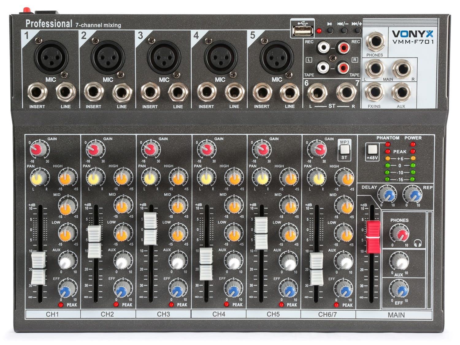 Vonyx VMM-F701 Mesa de mezclas de 7 canales con USB, 5 entrada de micrófono jack/XLR, 2 entradas jack, salida máster con Jack, Bluetooth, phantom +48v, salida de auriculares, efecto delay