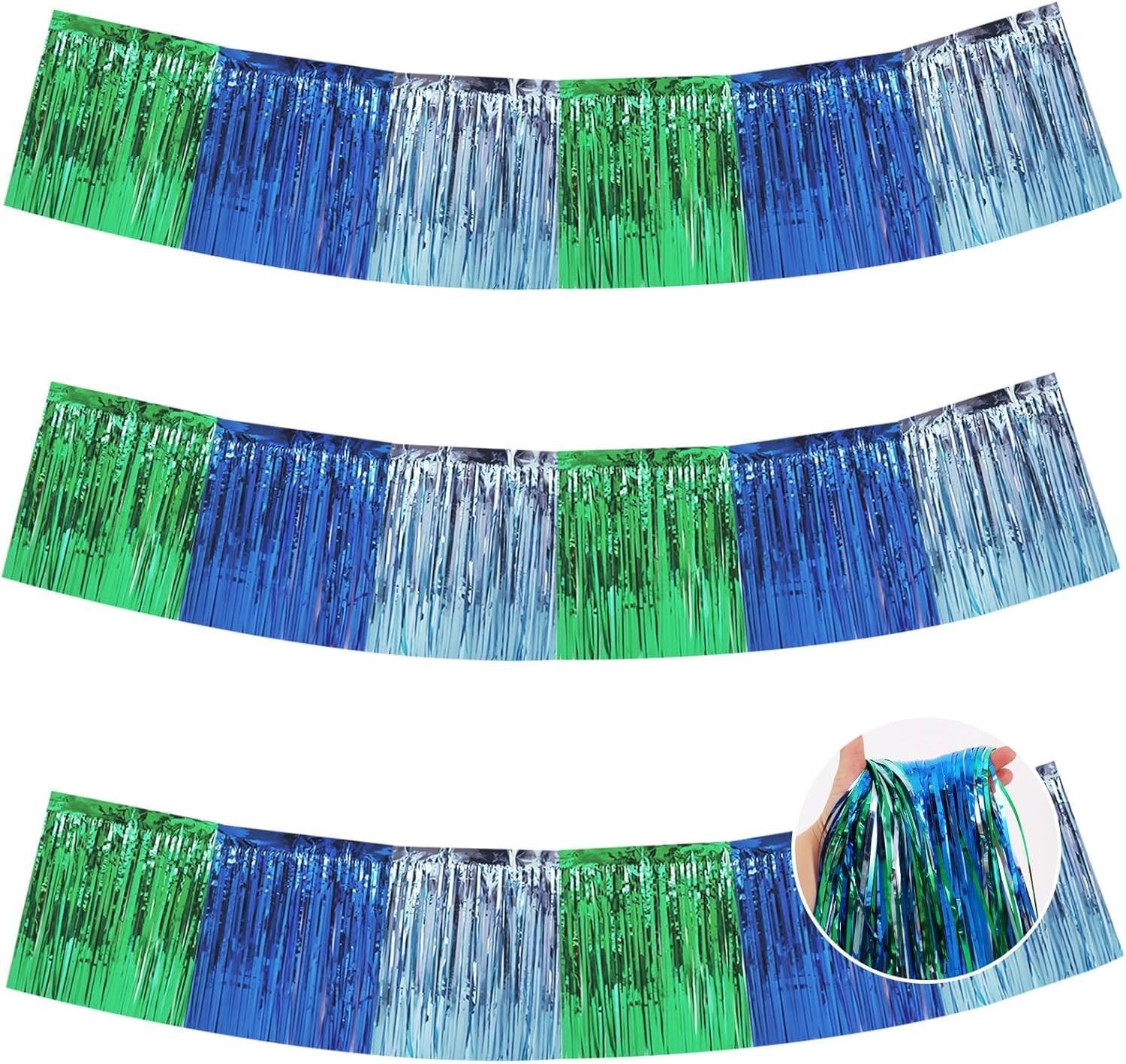 TONIFUL 3 Packs Metallic Foil Fringe Garland Blue Green Wall Hanging Tinsel Fringe Banners for Car Floats Bridal Shower Wedding Birthday Easter Graduation Holiday Party Decoration(30 Feet)