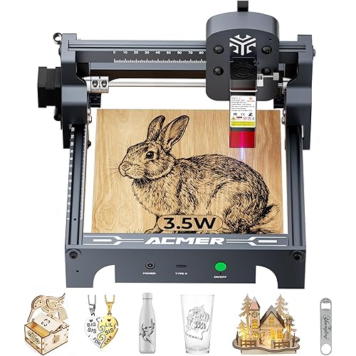 ACMER S1 Laser Engraver 3500mW, Compact Desktop Engraving & Cutting Machine for DIY Crafts, Small Business & Makers, 130×130mm Work Area, 0.04mm Detail Engraving for Wood, Acrylic, Metal Silver