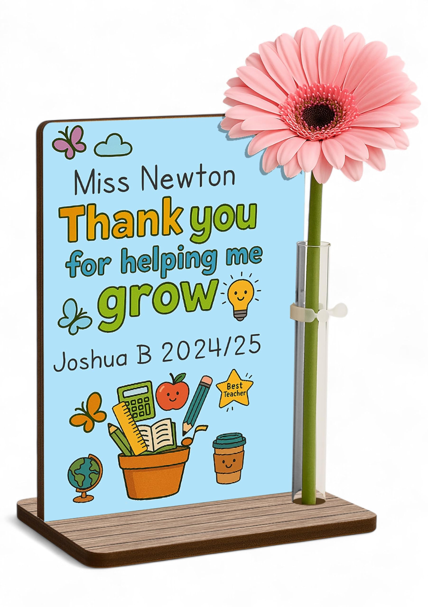 The Plum Penguin School Days Personalised Teacher Thank You Gift Freestanding Wooden Plaque Optional Flower Thank You For Helping Me Grow Custom Names End Of Term Gift Ta Nursery Childminder Tutor (School Days)