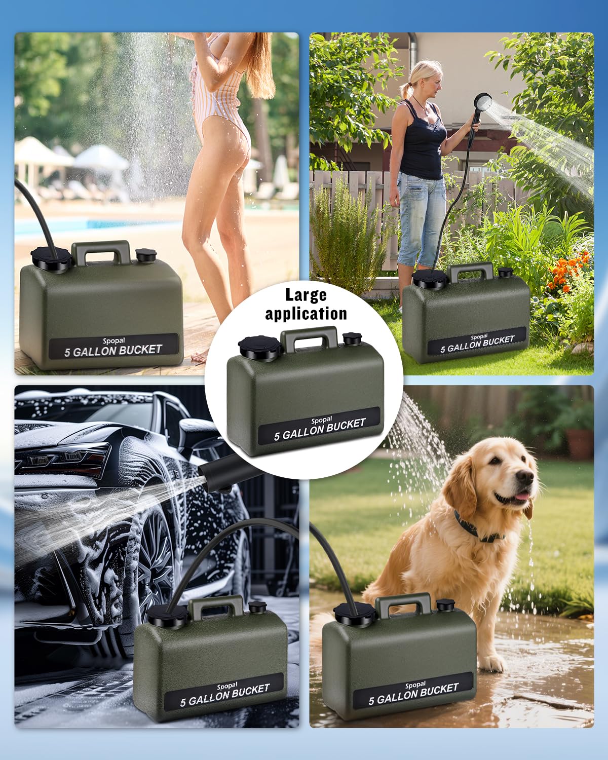 Spopal Douche Portable,[20L&IPX8 Étanche] Kit Douche Camping,avec Seau,Robuste,Durable,10000mAh,Charge Type-C,5 Vitesses,Écran Intelligent,pour Bain des Animaux,Camping et Voyages