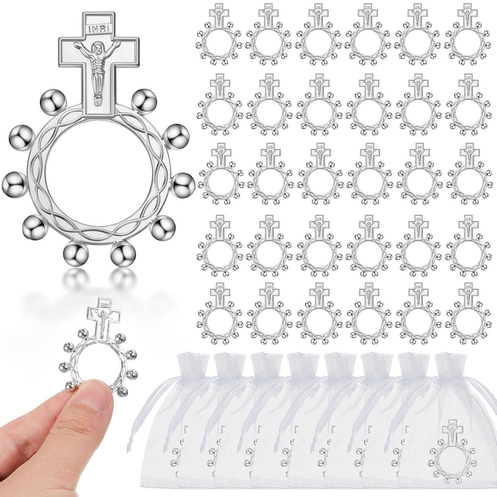LandicalBaptism Favors Set Religious Finger Rosary Rings Bulk Small Pocket Cross Prayer Catholic Rings with Organza Bags for Guests Men Women Christening Party Favors Baby Shower Supplies