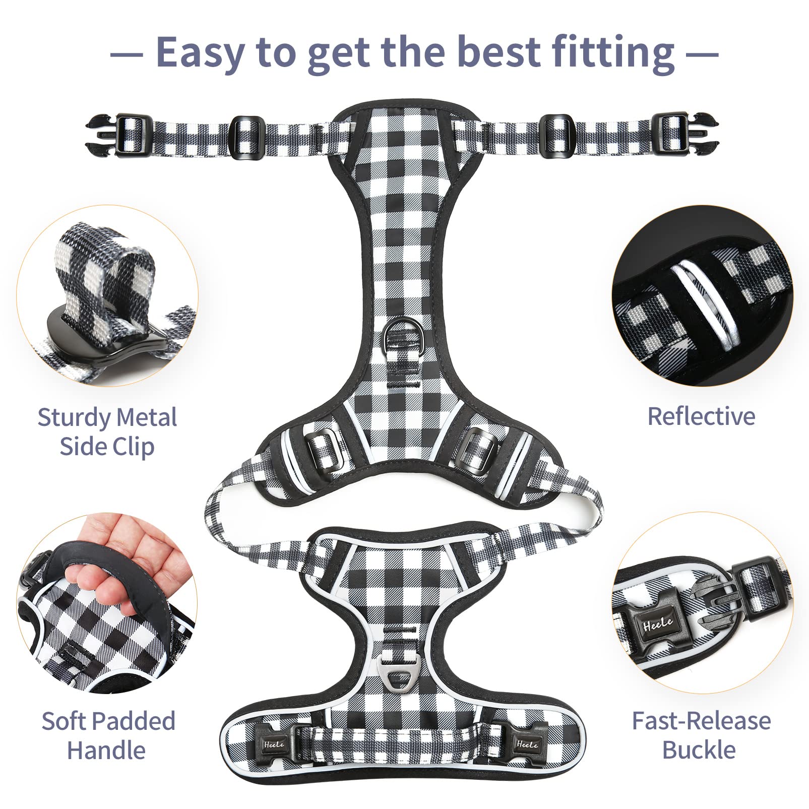 HEELE Pettorina Cane, No-Pull Imbracatura Traspirante e Riflettente, con Gancio in Metallo e Manico Imbottita, Pettorina Cane Taglia Grande, Comodo per Camminare Jogging, Plaid Nero-Bianco, L