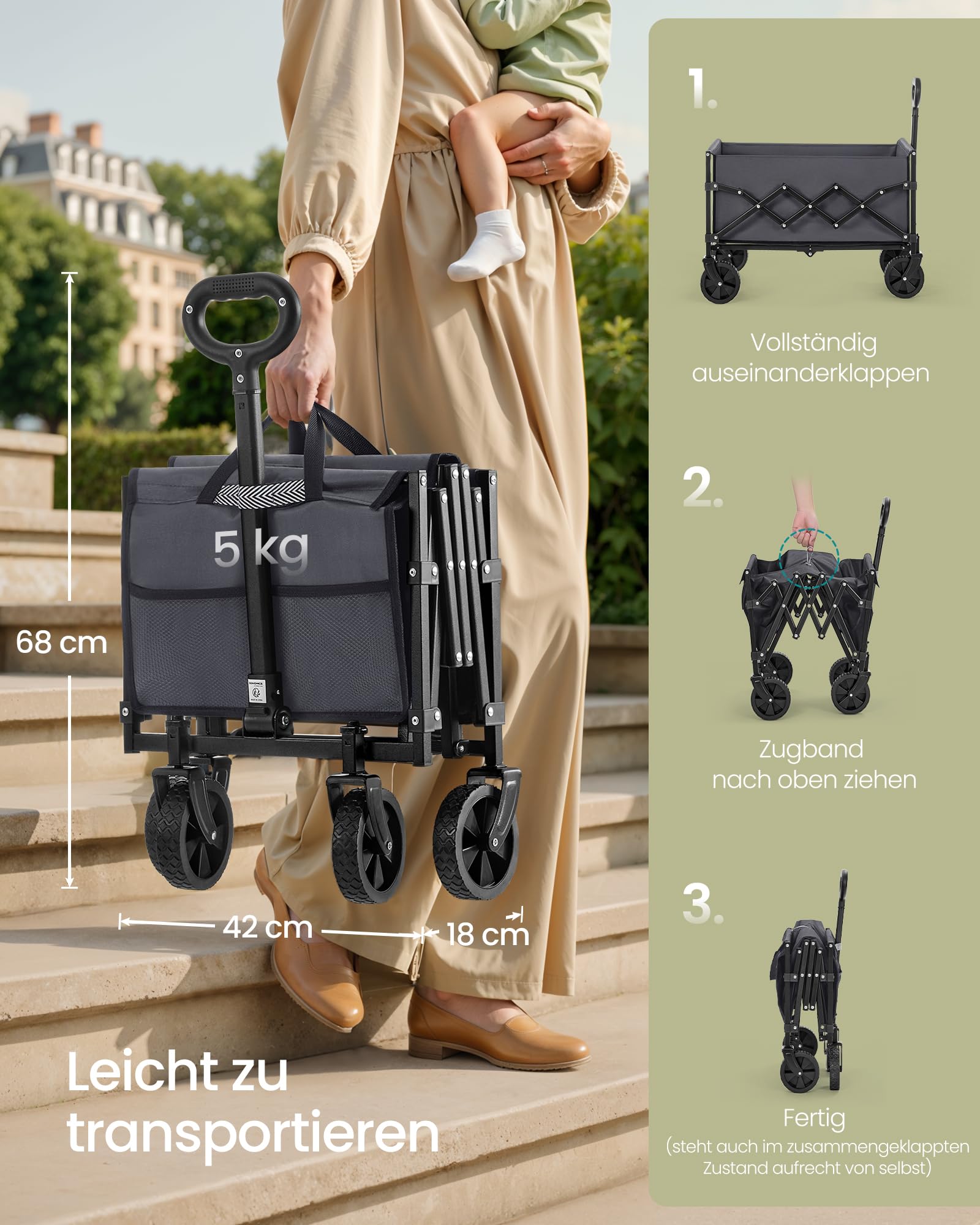 SONGMICS Kleiner Handwagen faltbar, Gartenwagen, kompakt, mit Griff, mit 4 verstärkten Rollen, Davon 2 Universalräder, bis 180 kg belastbar, Outdoor, Garten, 90 L, schiefergrau GFW909G01
