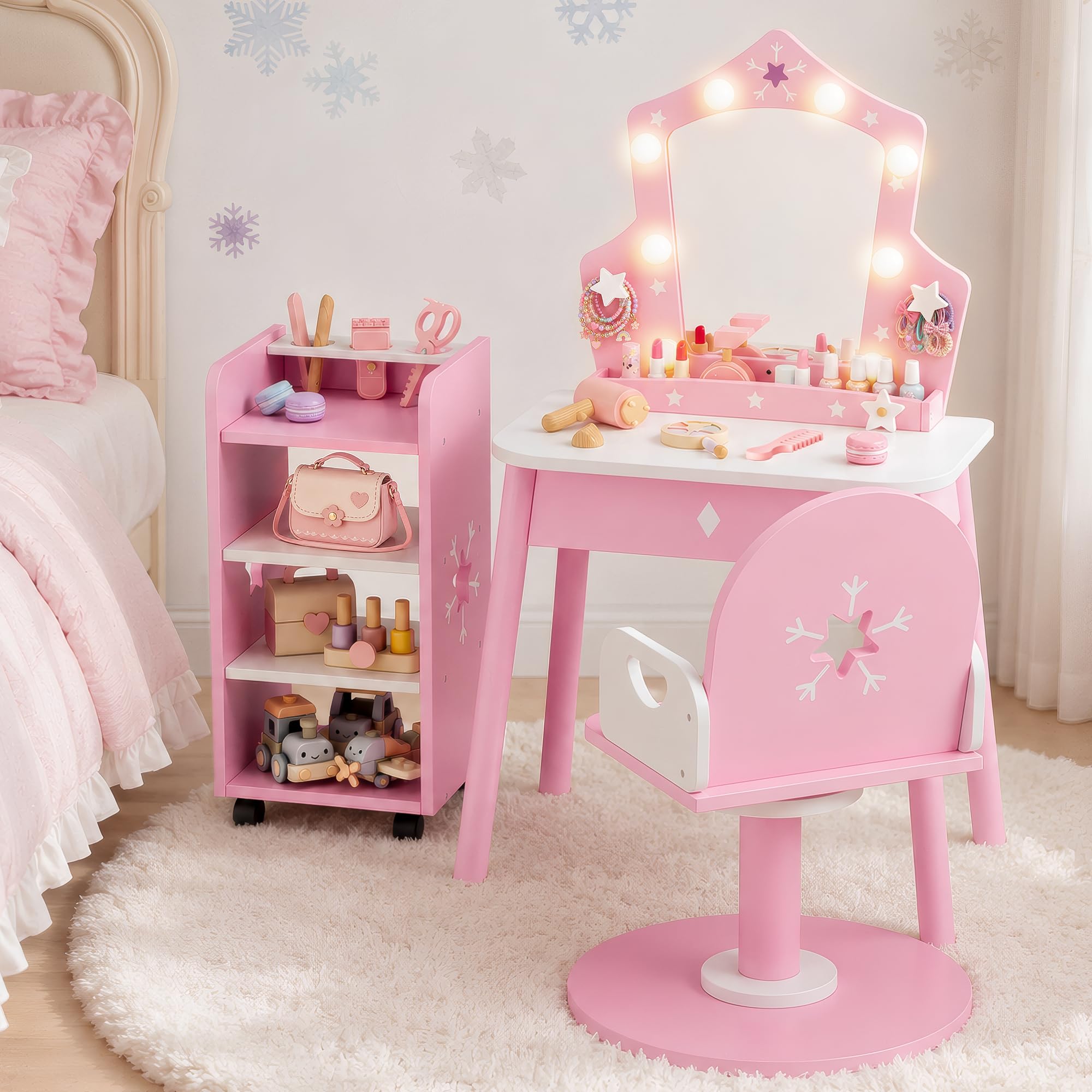 Kids Vanity Set with Light and Barber Chair, Snowflake Design Wooden Makeup Dressing Table with Storage Shelf and Hair Salon Play Set 7 pcs Accessories, Pretend Play Vanity Set for Toddler Girls, Pink