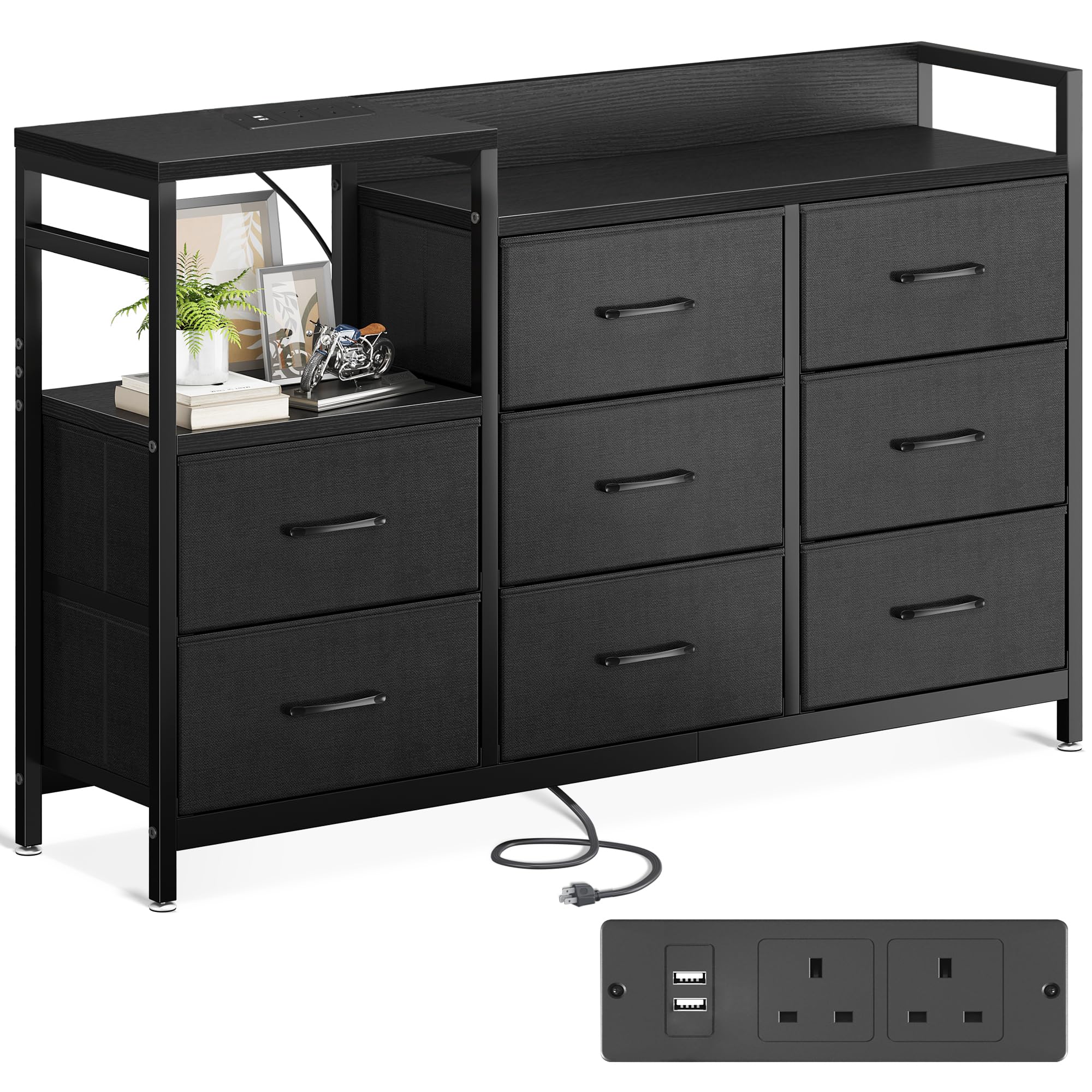 ODK Black Chest of Drawers Bedroom, Contains 2 USB & 2 AC Ports Sockets, Storage Dresser with 8 Fabric Drawers Suitable for Bedrooms, Living Rooms