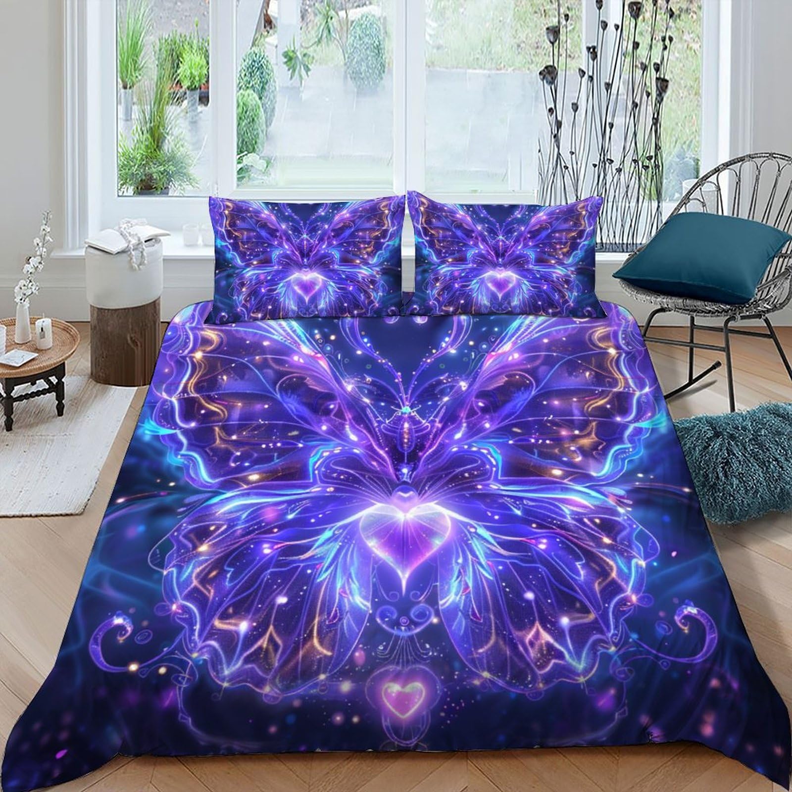 Ensemble de literie 3D animal pour chambre d'adulte avec motif papillon violet