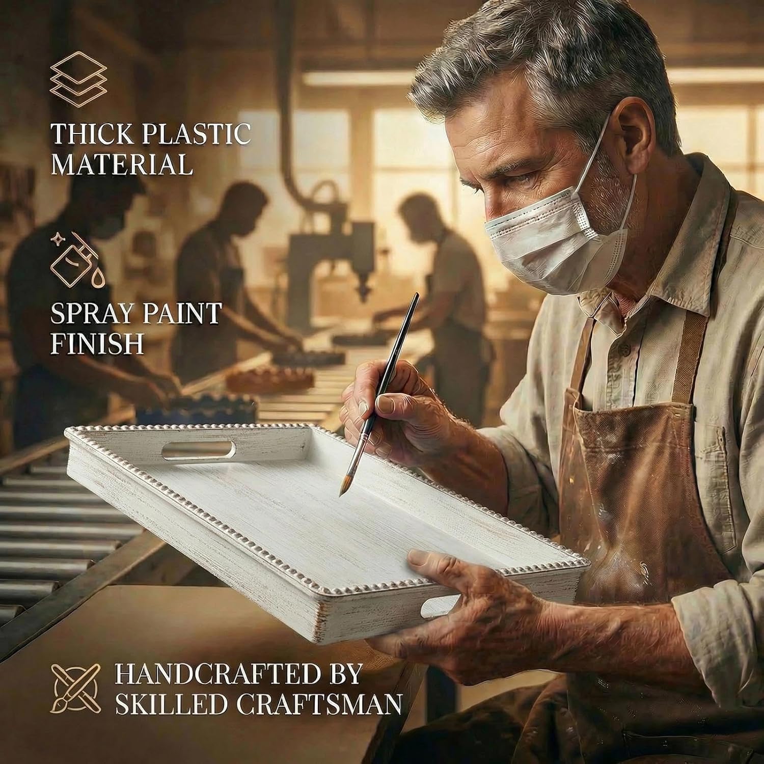 Zosenley Decorative Tray, Rectangular Plastic Tray with Handles, Modern Vanity Tray and Serving Tray for Bathroom, Kitchen, Ottoman and Coffee Table, 15.6” x 10.2” (Retro White)