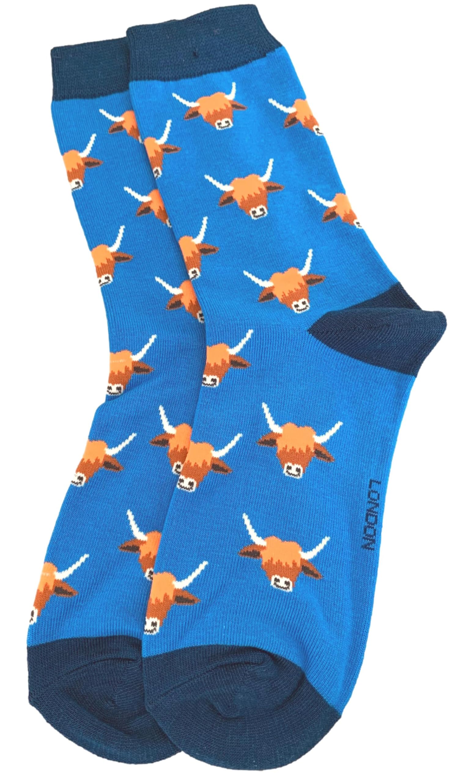 Purple Possum® Highland Cow Socks Ladies Cattle Cows Hairy Coos Blue Novelty Socks 1 Pair Size 4 to 7