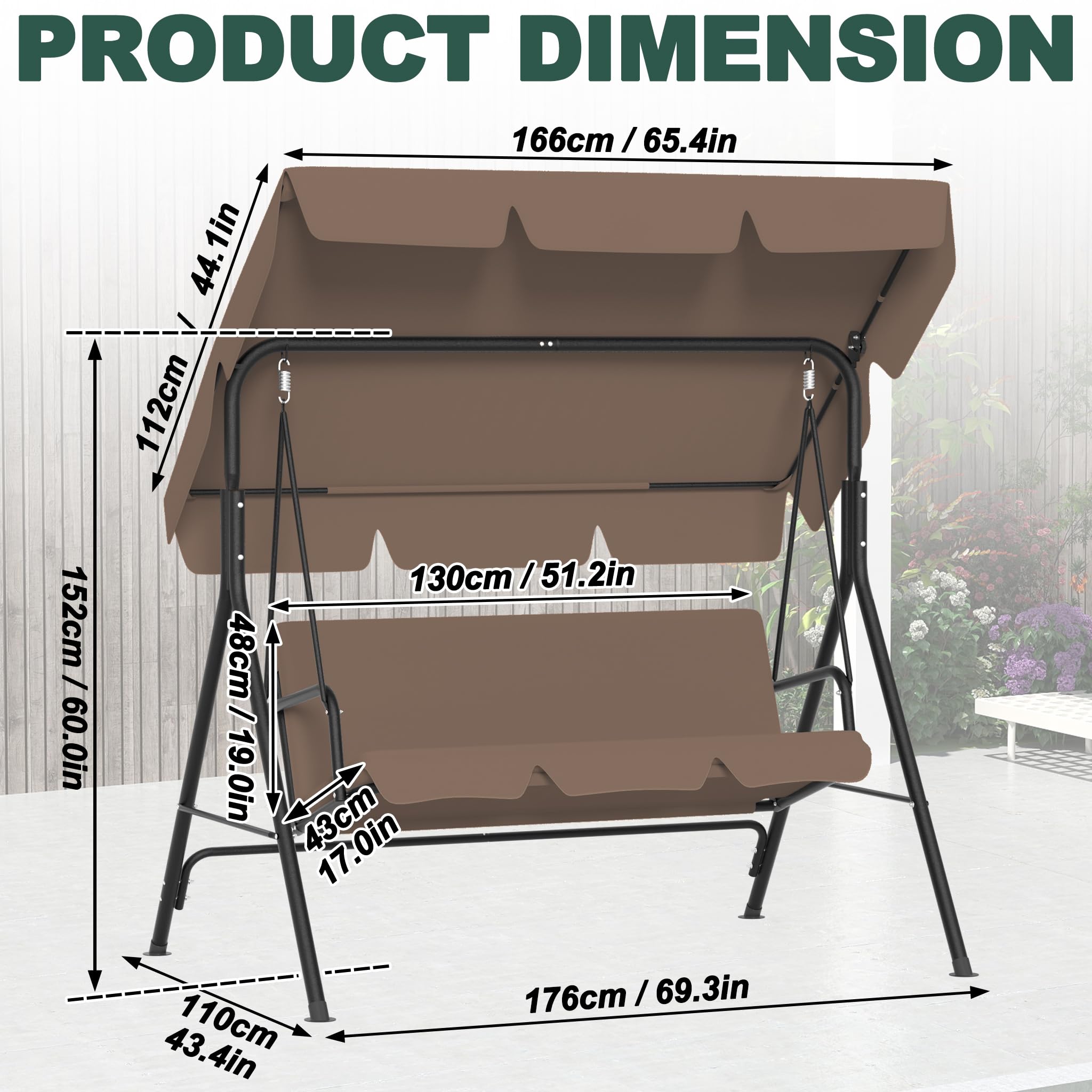 176x110x152cm Hollywoodschaukeln mit Sonnendach & Sitzauflage & Stahl Rahmen, 3-Sitzer Garten Schaukelbank belast bis 200KG, Schaukelbank Gartenliege für Outdoor & Indoor (Braun)