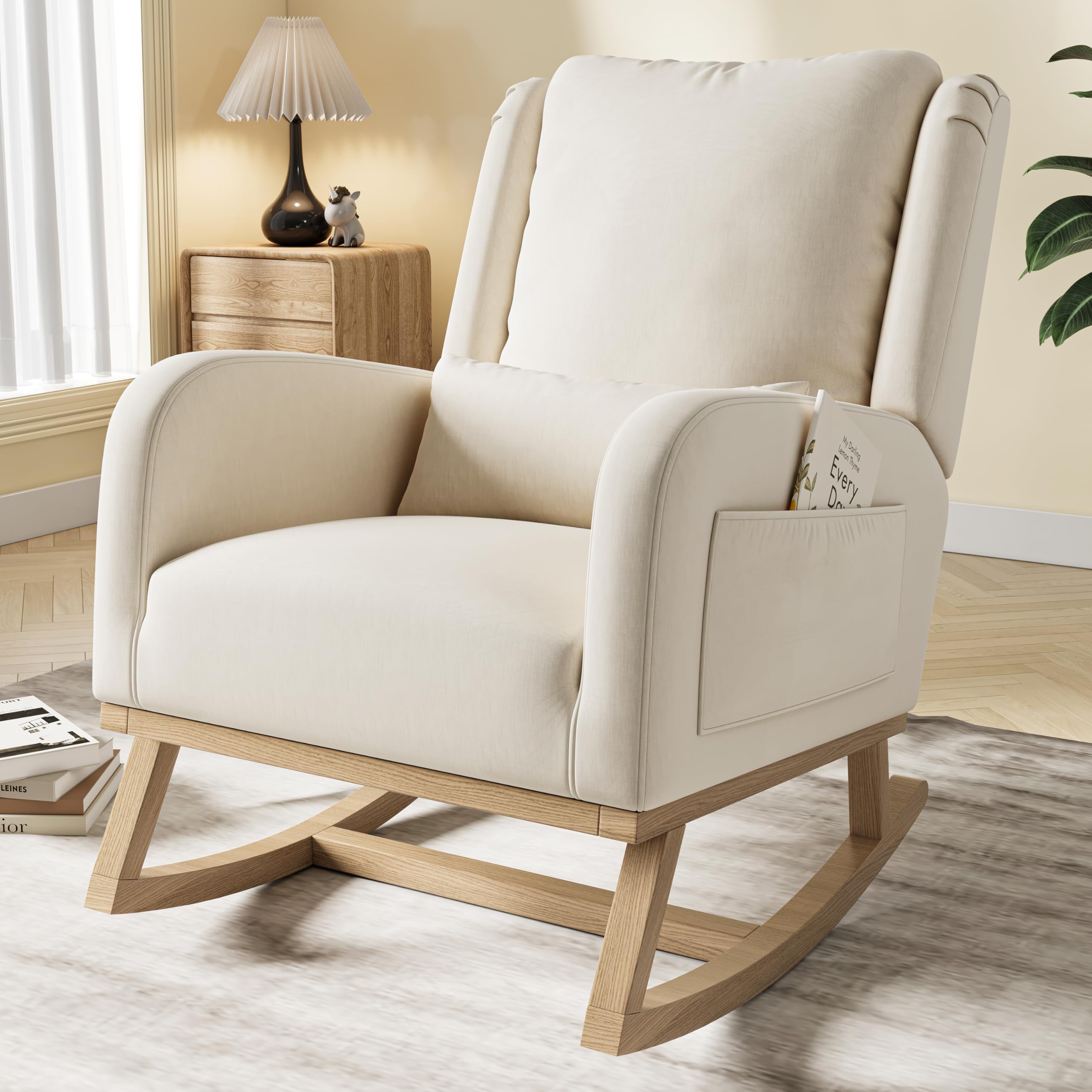 Fotel bujany, tapicerowany, nowoczesny fotel bujany, wysokie oparcie, Accent Glider Rocker, beżowo-lniane krzesło do salonu, sypialni