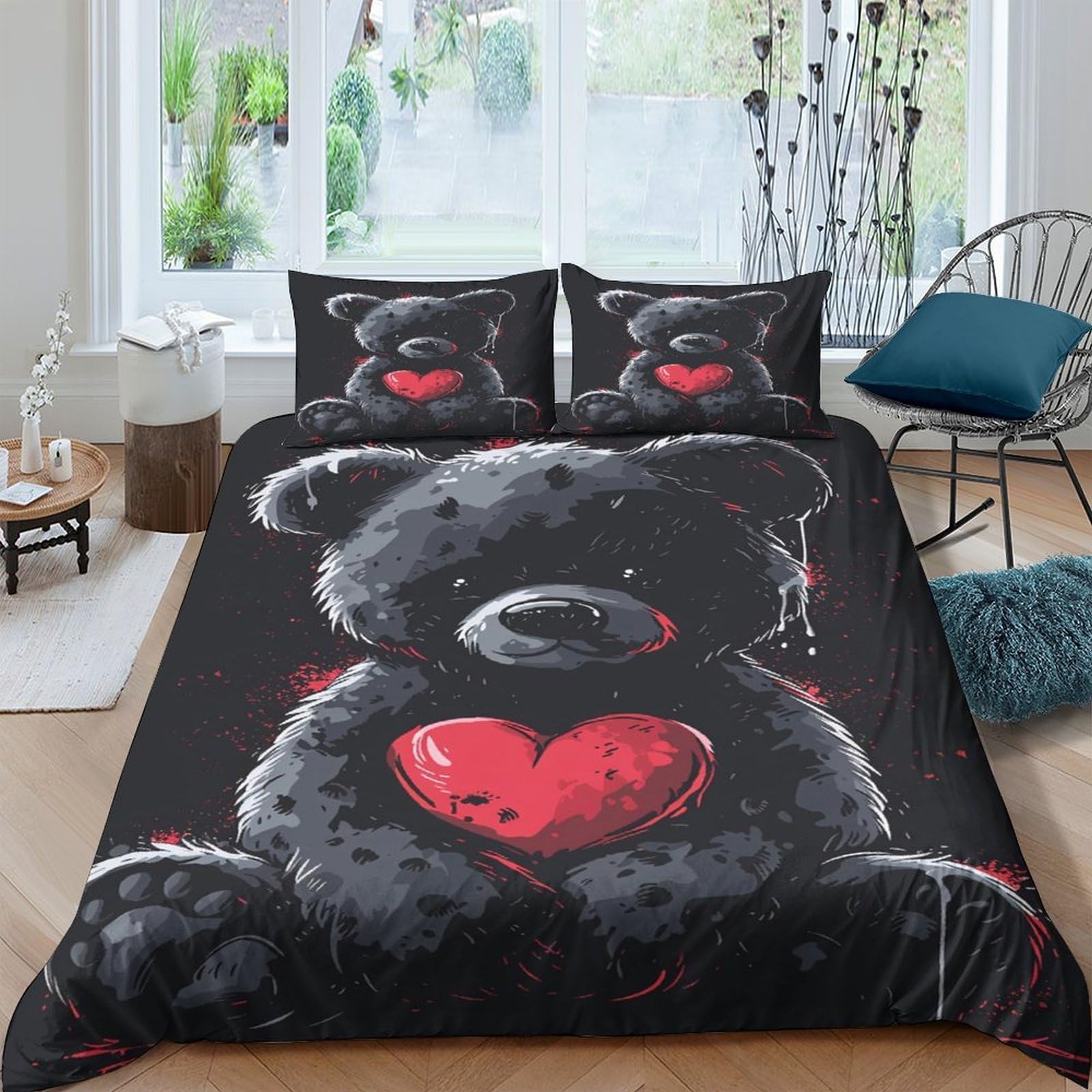 Ctjqhvkz Style-9 3D Printed Black Teddy Bear Fitted Sheet Microfiber Soft Red Heart Bed Cover For Bedroom Dorm Mattress Protection Single（135X200cm）