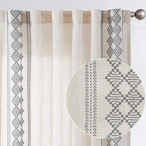 jinchan Boho Curtains Linen Curtains Beige Farmhouse Curtains 96 Inches Long for Living Room Grey Square Embroidered Bordered Back Tab Bedroom Window Light Filtering Bohemian Curtains 2 Panels
