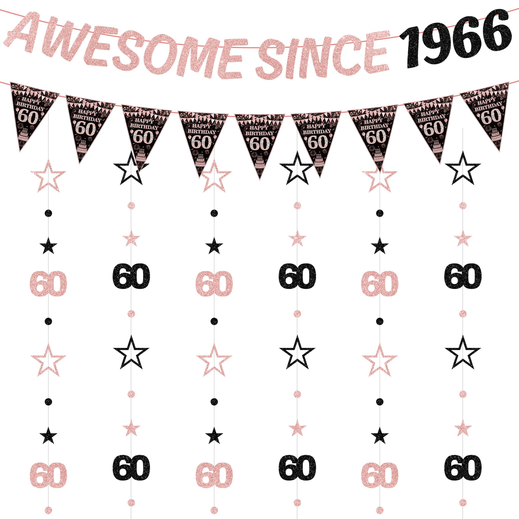 60th Birthday Decorations Banner Woman - 8 Pcs Black Rose Gold Banner Set