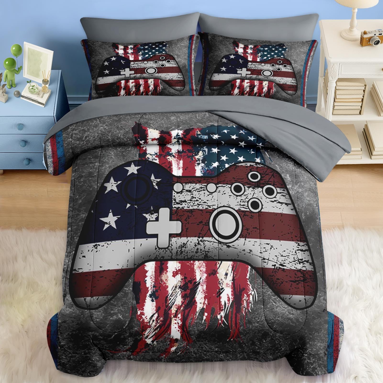 Pamnest Comforter Set Twin Size, Gamepad 4Th July Funny 5 Pcs Bedding for Kids and Adults, American Flag Bed Sheet Sets with Fitted Sheet Pillowcase & Sham for Bedroom Bed Decor