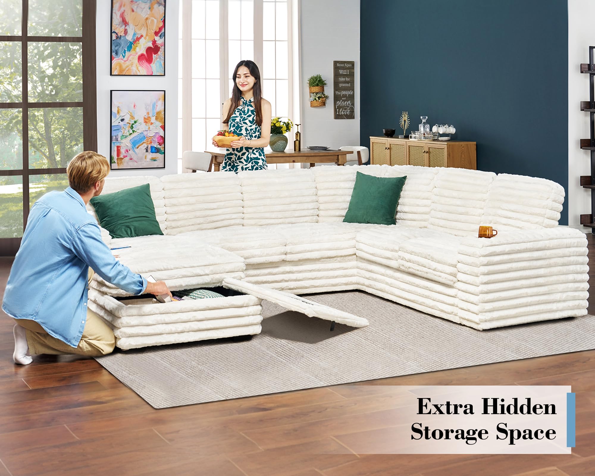 papajet 112 inch u shaped couch, oversized couch with storage, sectional sofa with chaise & 2 usb ports, faux fur white sofa