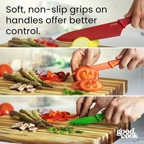 Miniatura 9 de GoodCook Juego de cuchillos de cocina de acero inoxidable de alto carbono con acabado antiadherente, agarres antideslizantes y fundas protectoras,