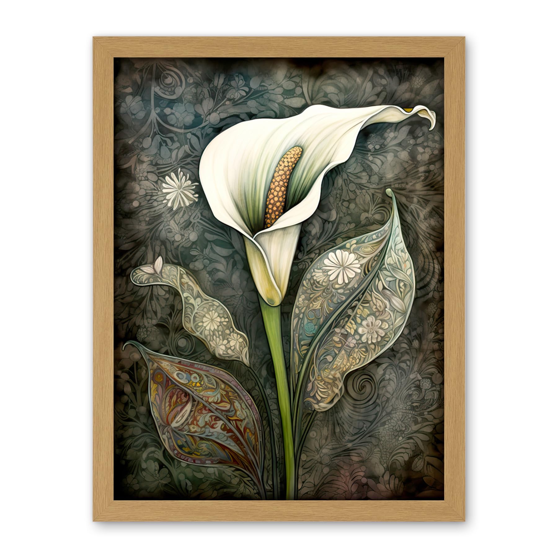 Artery8 Calla Lily Flower Bloom with Batik Style Patterns Artwork Framed Wall Art Print 18X24 Inch