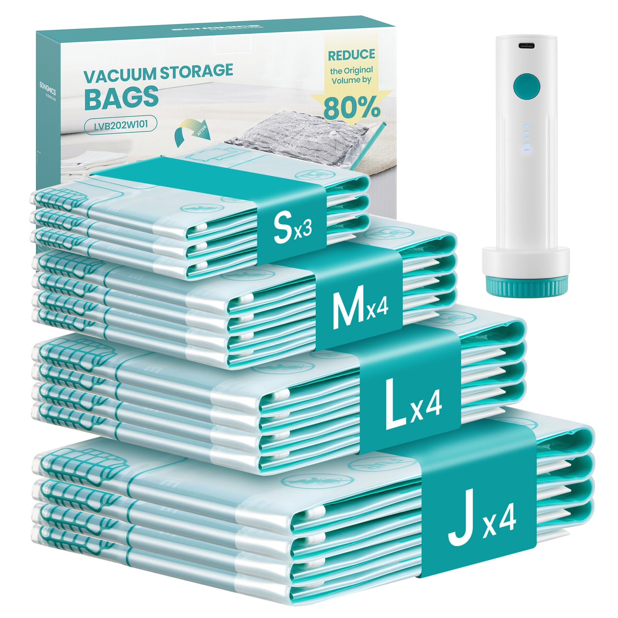 SONGMICS Vakuumbeutel für Kleidung, Vakuumierbeutel, elektrische Pumpe wiederaufladbar, Aufbewahrungsbeutel Bettwäsche, Reise wiederverwendbar, 15 Beutel, 3 S/4 M/4 L/4 J, transparent LVB203W101