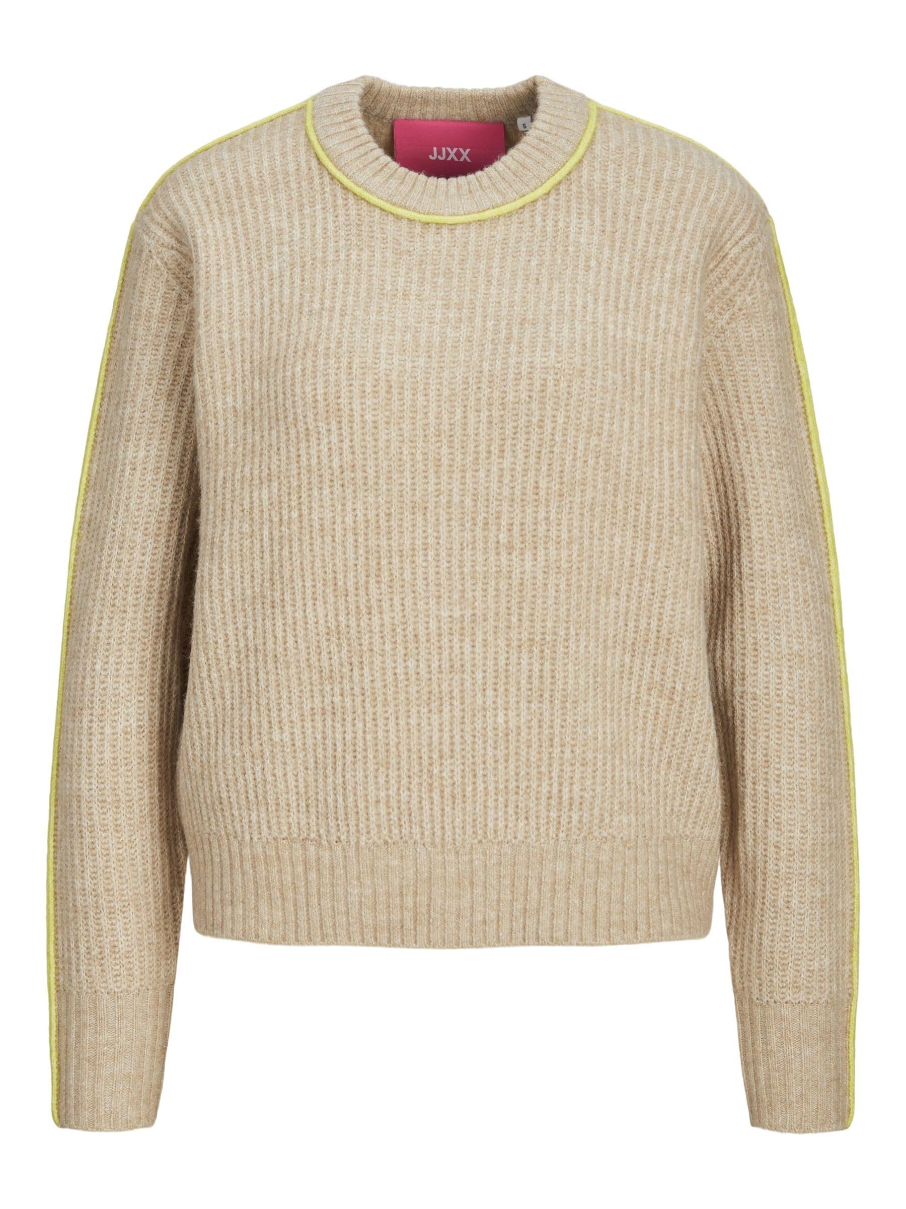 Jack & Jones Women's Jxleonora Various Ribbed Crew Neck Knit Jumper, Peyote/Detail:/Limeade Piping, L