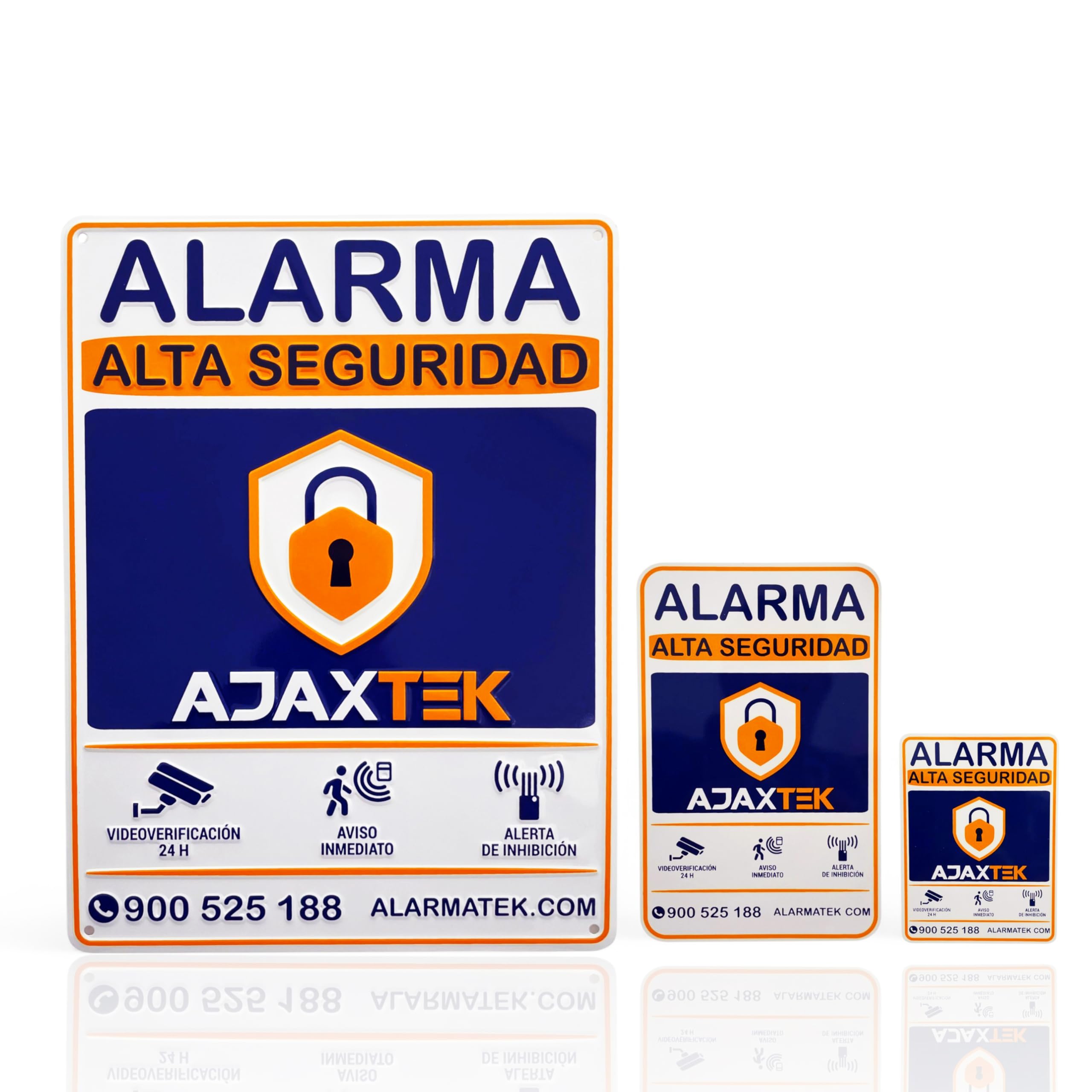 Lote 3 Carteles de Alarma Relieve Lacado Ajaxtek | Auténtico. | Cartel Zona Videovigilada | Carteles Disuasorios - Interior Y Exterior - Placa videovigilancia | 3 tamaños | 2 con Super Adhesivo.
