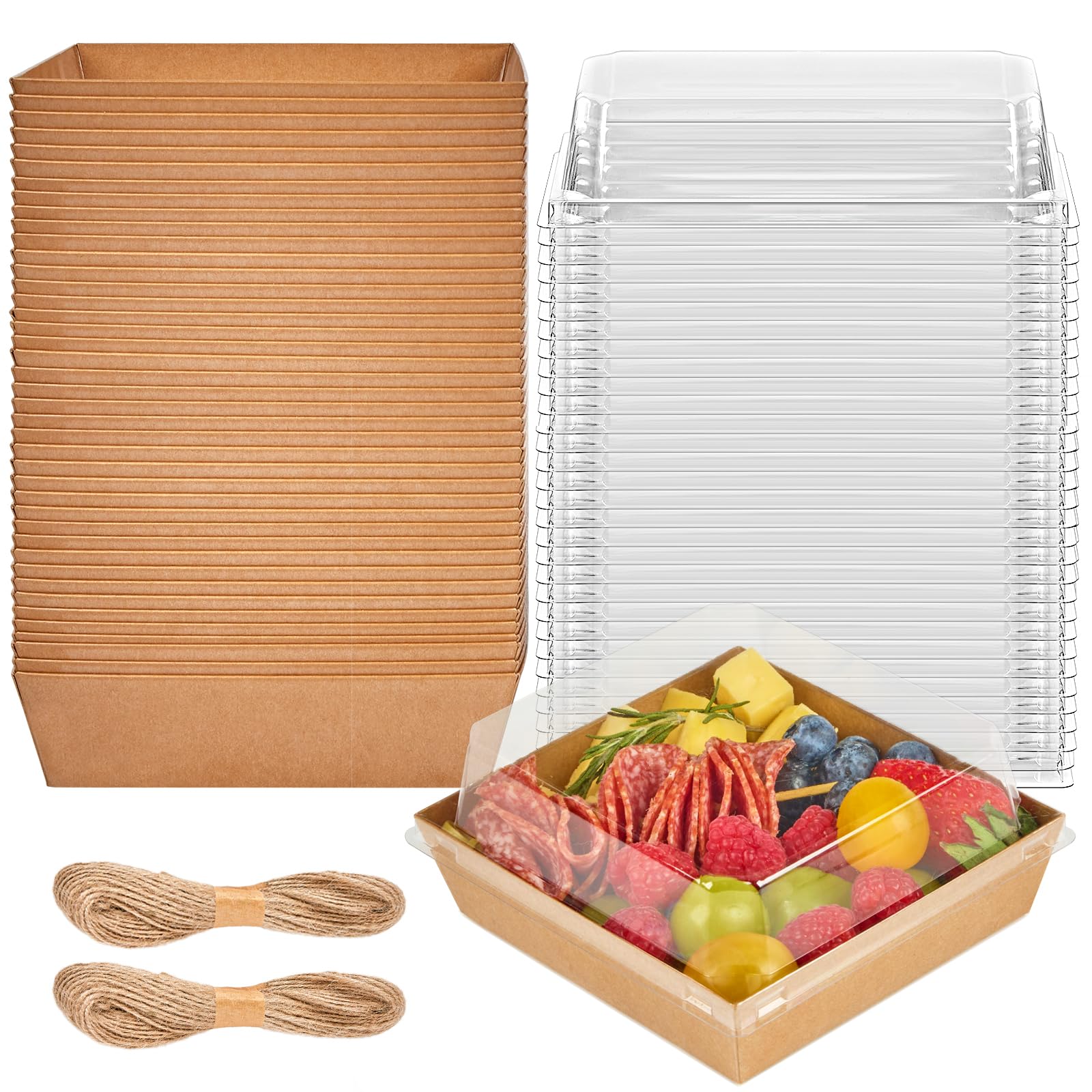 50 Pack 5 Inch Paper Charcuterie Boxes with Clear Lids, Square To Go Cake Slice Containers Small Kraft Bakery Boxes for Dessert, Cookies, Sandwich, Strawberries (Brown)