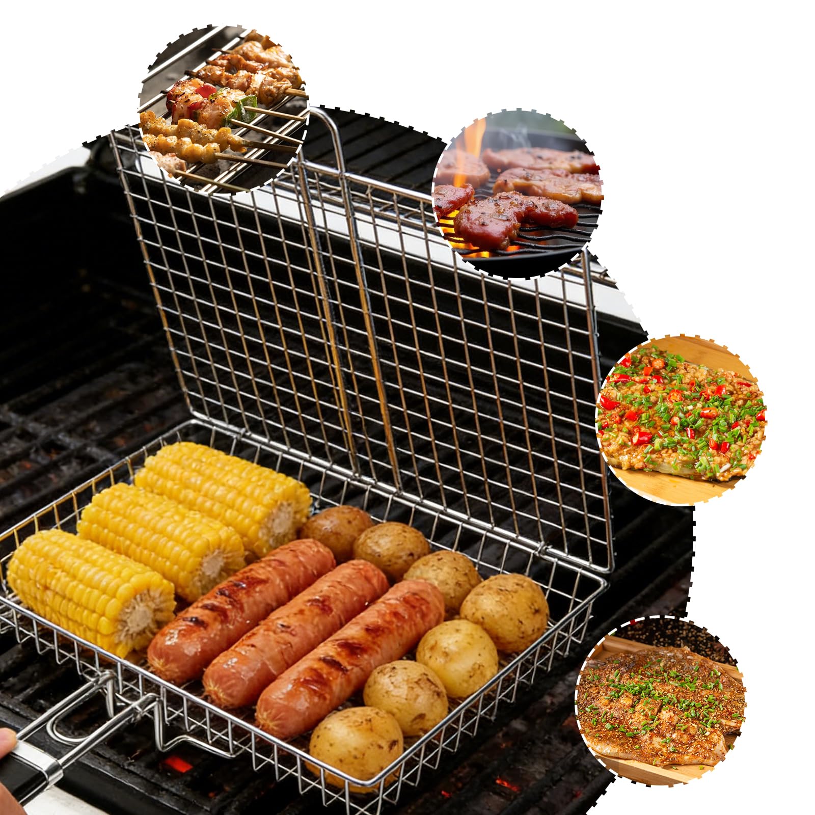 Lot de 2 paniers de barbecue en acier inoxydable - Support pour poisson - Panier à légumes et viande - Pour barbecue, camping et barbecue en plein air