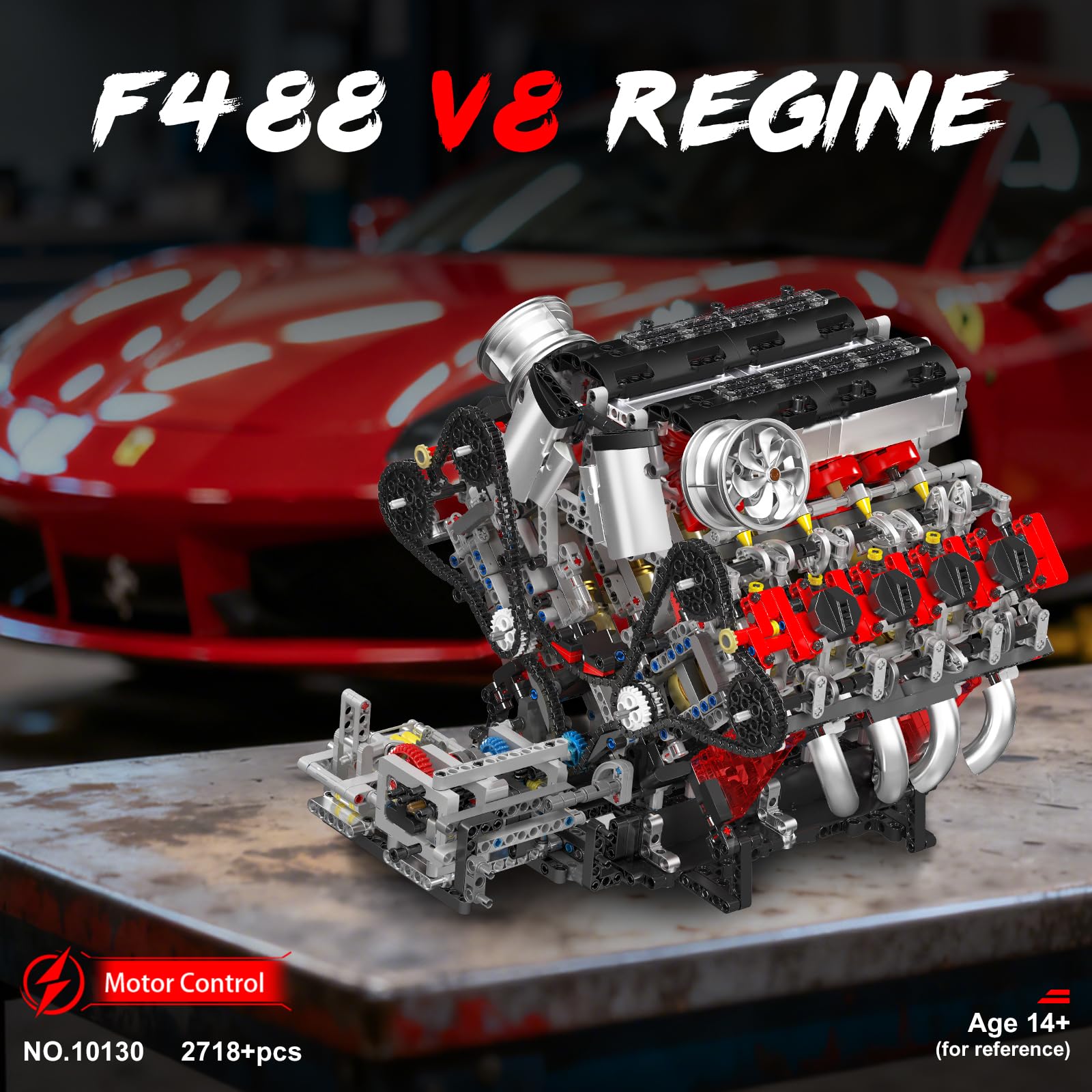 Mould King 10130 F488 Supercar V8-Motor, MOC-Spielzeugbausätze mit Motoren, Hochleistungsmotorenserie für Fahrzeugfans (2718+ Teile)