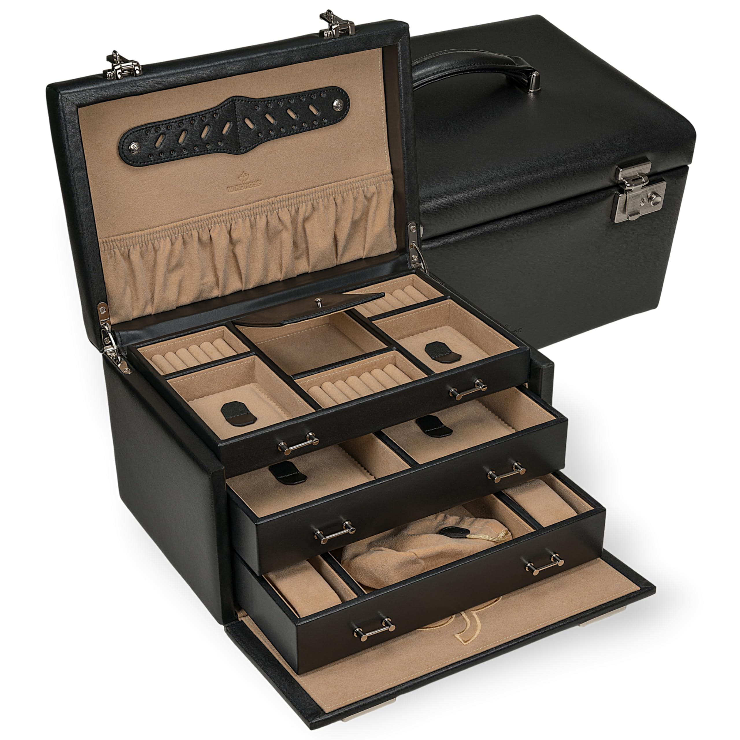 Windrose Ambiance Schmuckkoffer/Uhrenkoffer 3 Etagen aus Leder schwarz