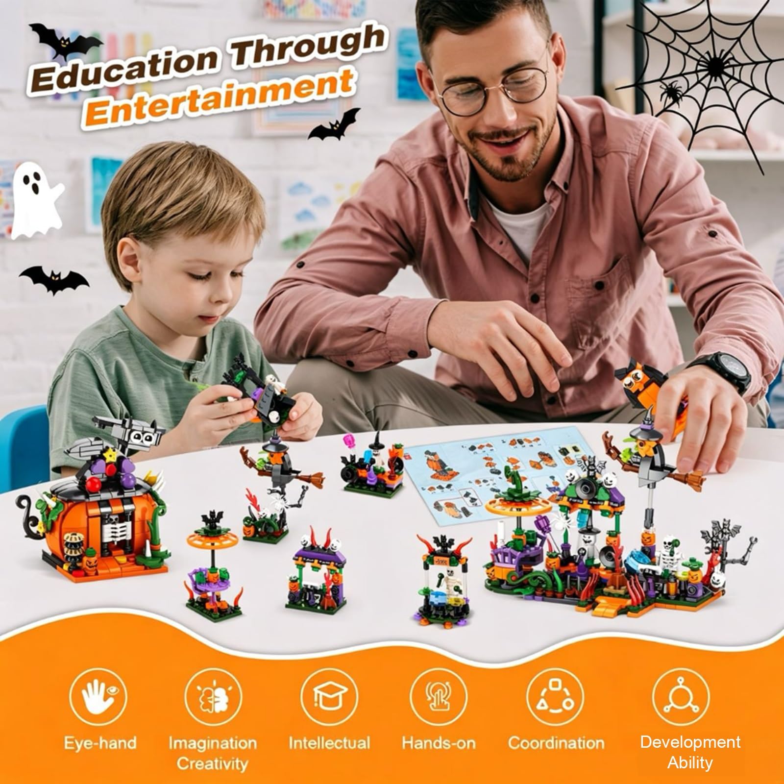 Calendario de Adviento de Halloween 2026 para niños y adultos, calendarios de cuenta regresiva de 31 días, casa encantada espeluznante, fantasmas, murciélagos y calabazas, bloque de construcción de