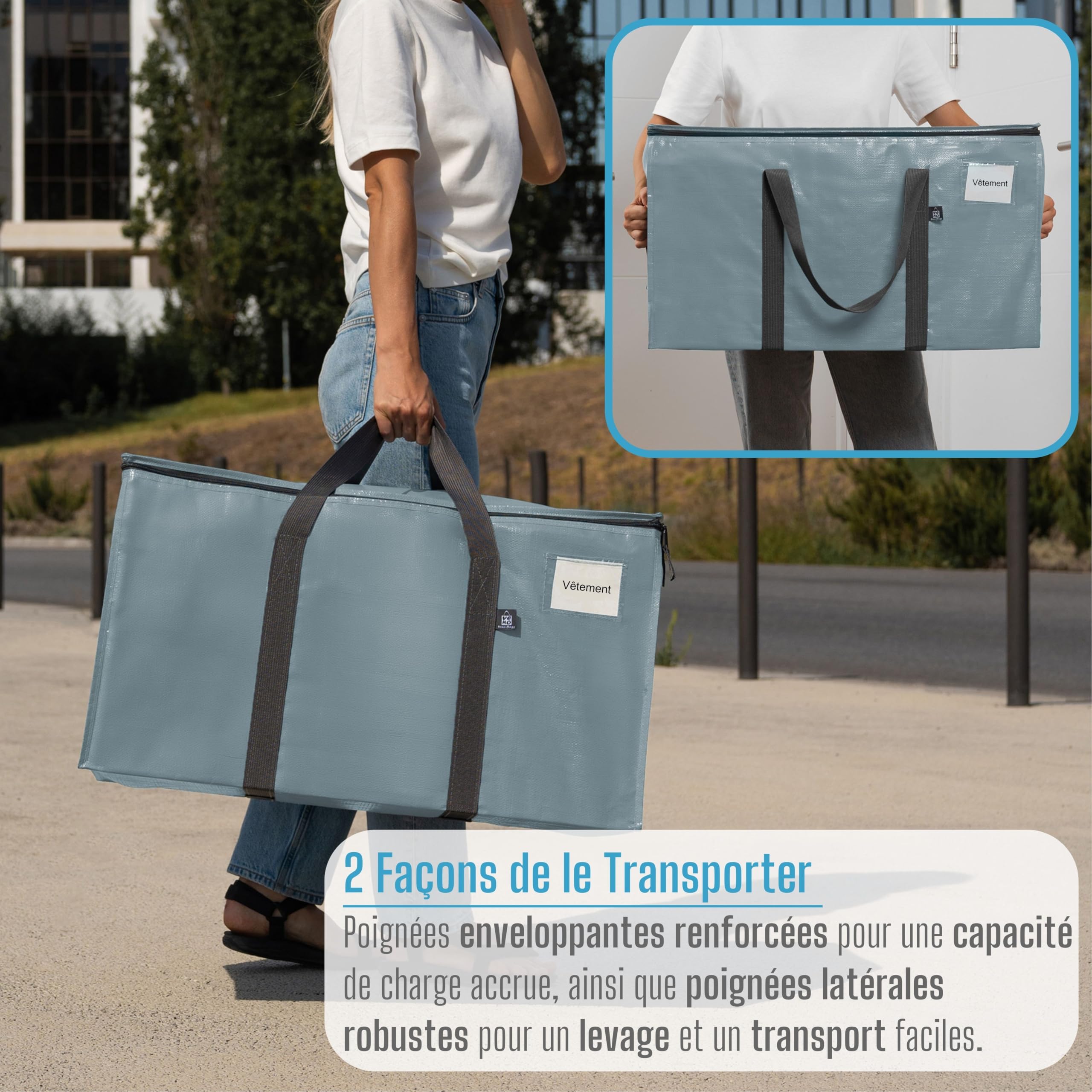 VENO Sac Demenagement Grand Format, Sac de Rangement Vêtement Pliable avec Grande Ouverture Zippée et Poignées Renforcées, Alternative aux Cartons Déménagement (Bleu Clair, Lot de 4)