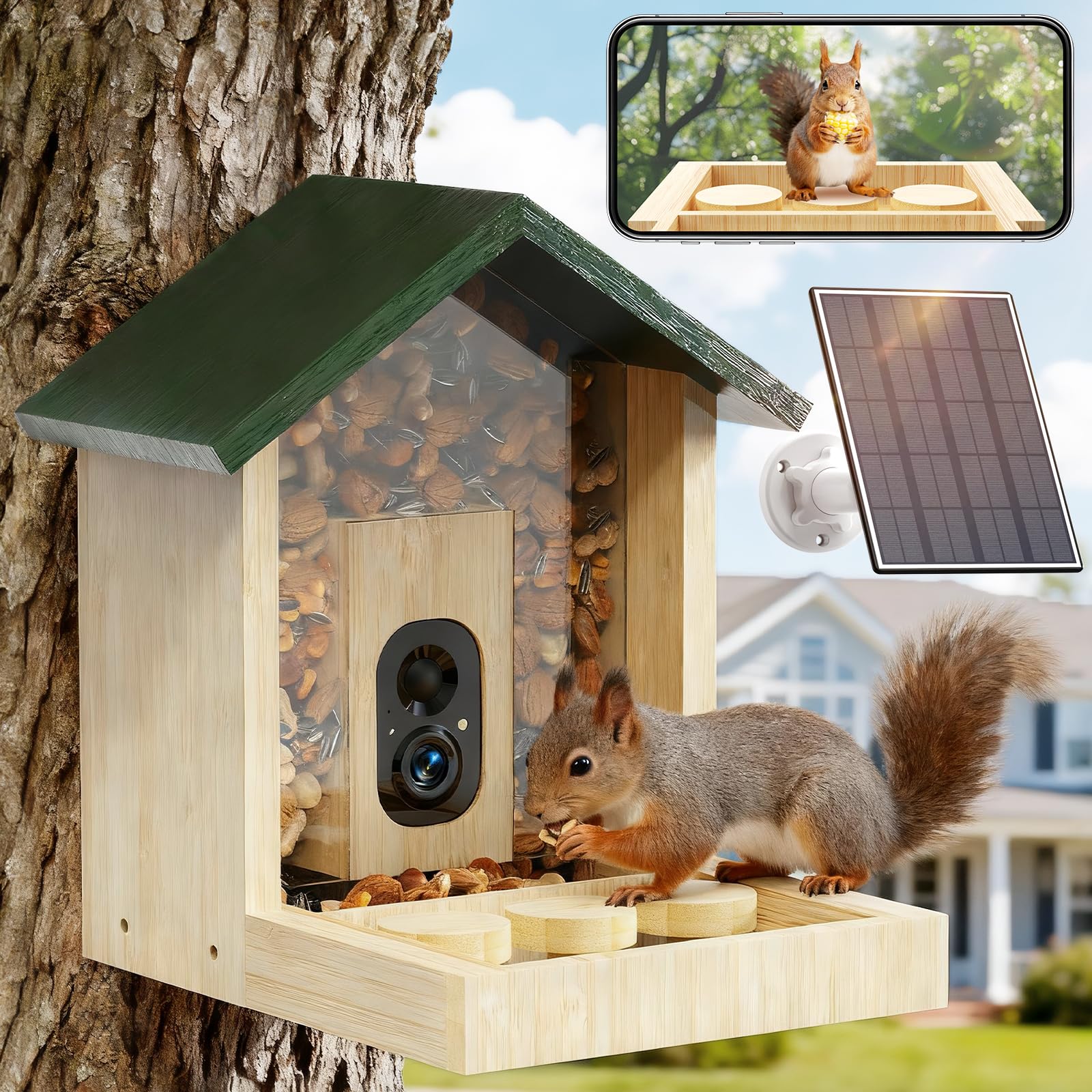 Mangiatoia per scoiattoli in legno con fotocamera, ad energia solare, video 2K HD+ | Cloud Storage, grande capacità, ideale per gli amanti degli scoiattoli