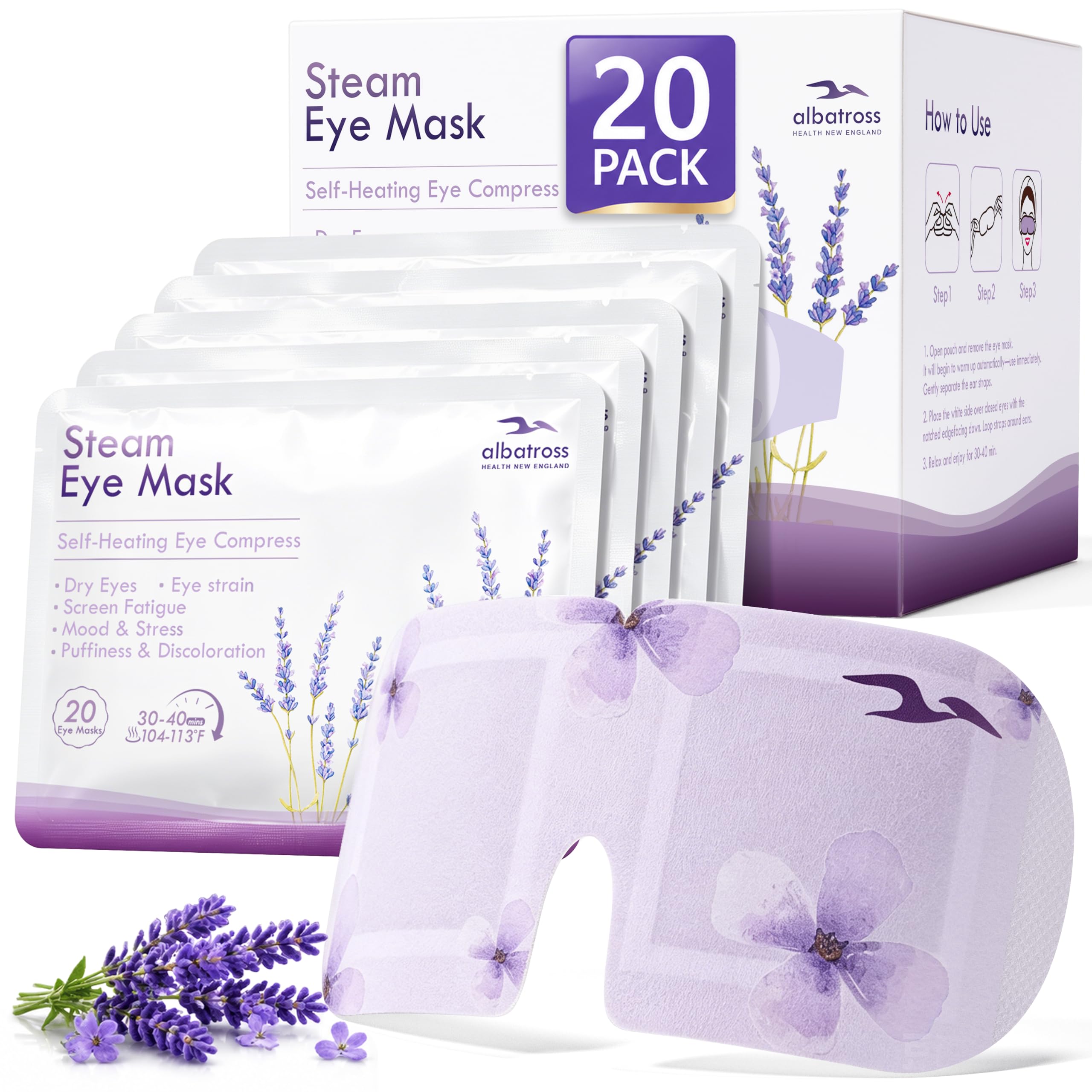 20 Pack Steam-Heated Eye Mask for Dry Eyes, Dark Circle, Lavender | Disposable Self-Heating Eye Mask for Eye Strain, Stye Eye Treatment, Warm Compress for Programmer, Travel Spa Essential