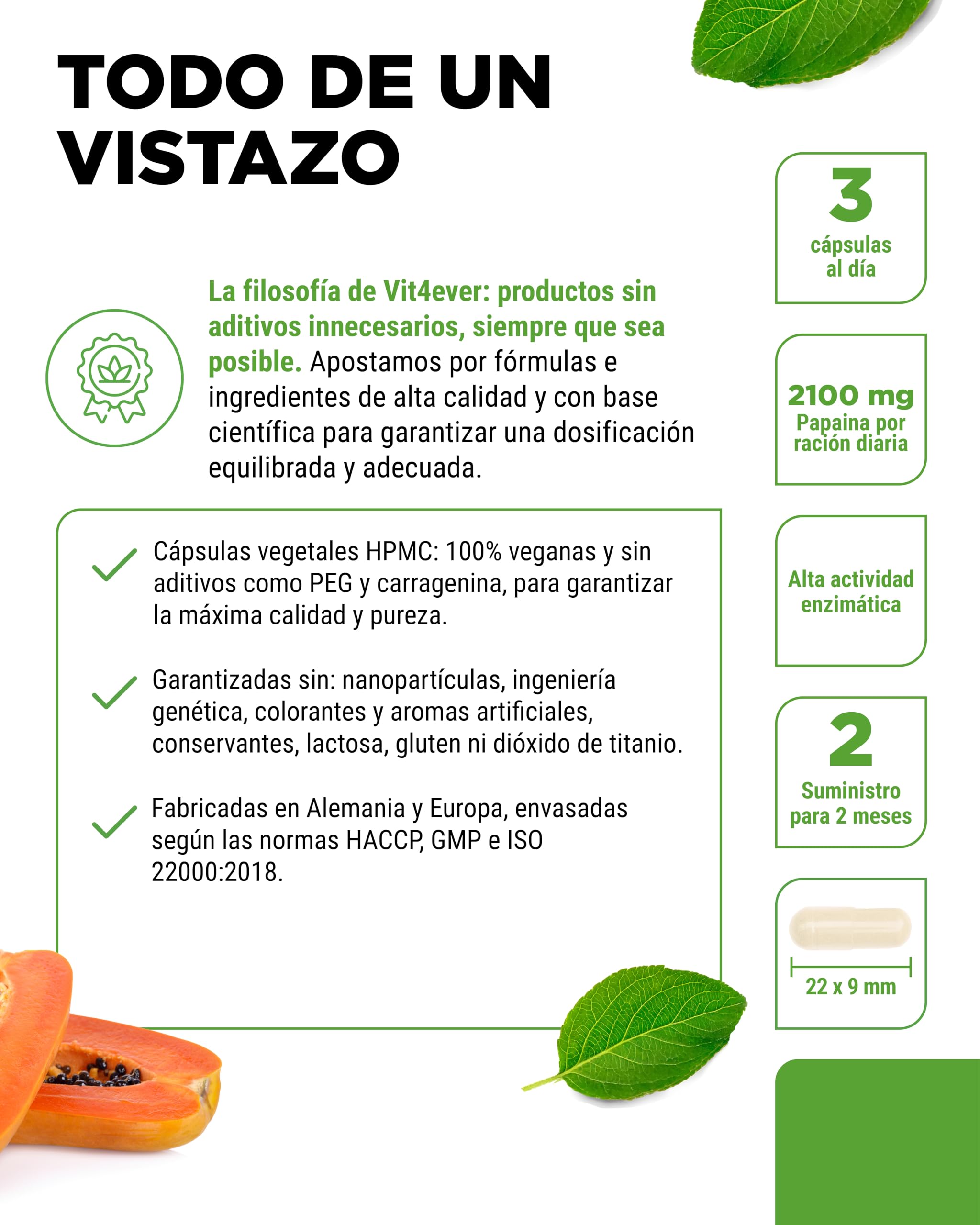 vit4ever Enzima de Papaya de Alta Dosis - 2100 mg de Papaína de Papaya - 12.600.000 U de Actividad Enzimática - 180 Cápsulas Veganas Gastrorresistentes - Sin Aditivos Innecesarios