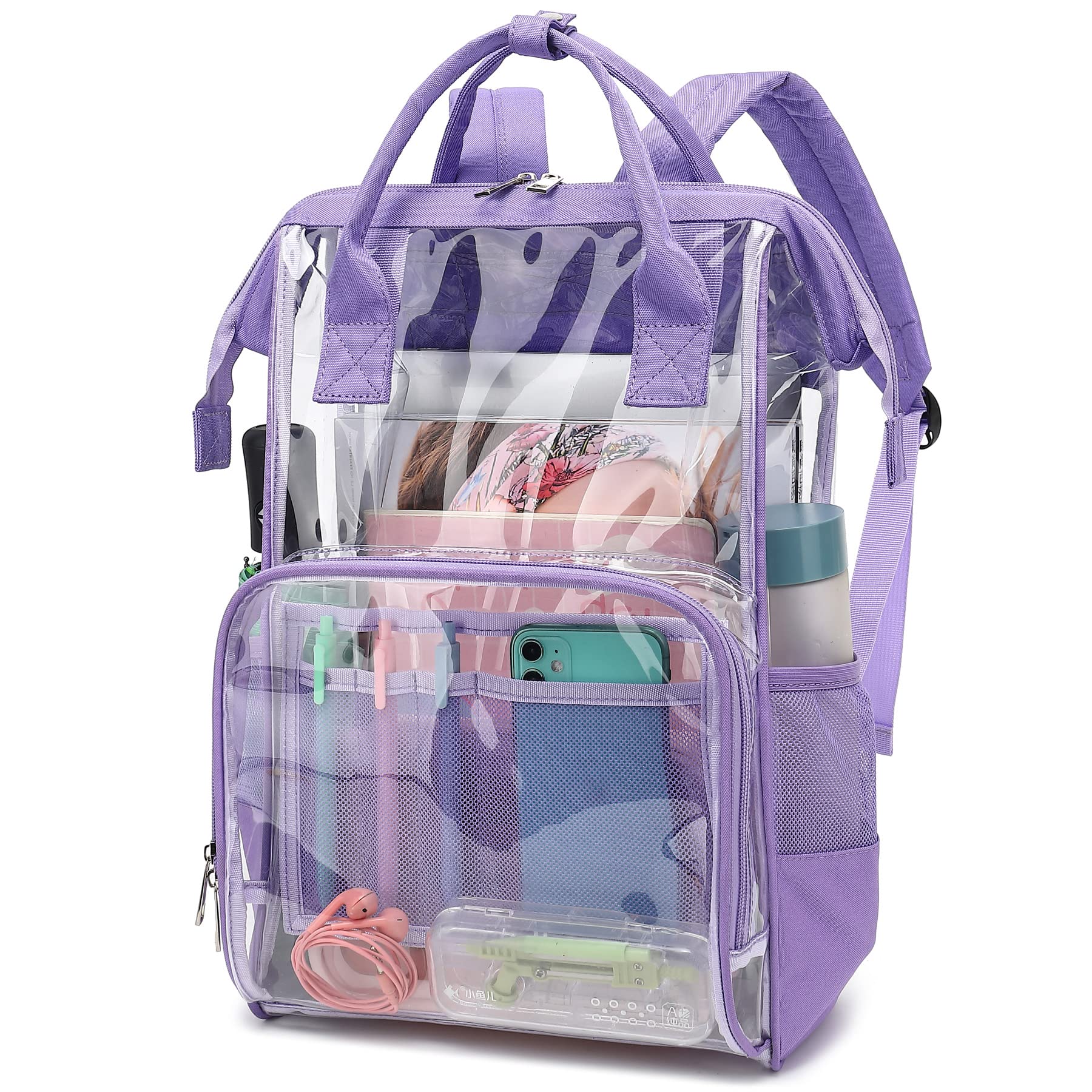 Yusudan Heavy Duty Clear Backpack for Men Women, School Bag Bookbag PVC Plastic Transparent Backpacks for Boys Girls (Lavender Purple)