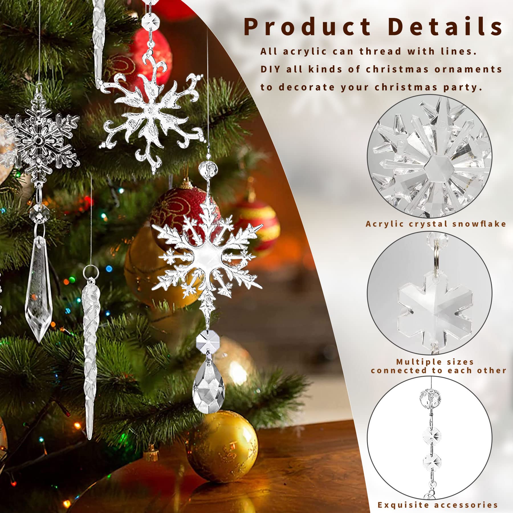 Anyingkai 10 Pezzi Ornamenti in Cristallo Acrilico per Albero di Natale, Fiocco di Neve Ghiaccioli Trasparenti, Decorazioni Natalizie