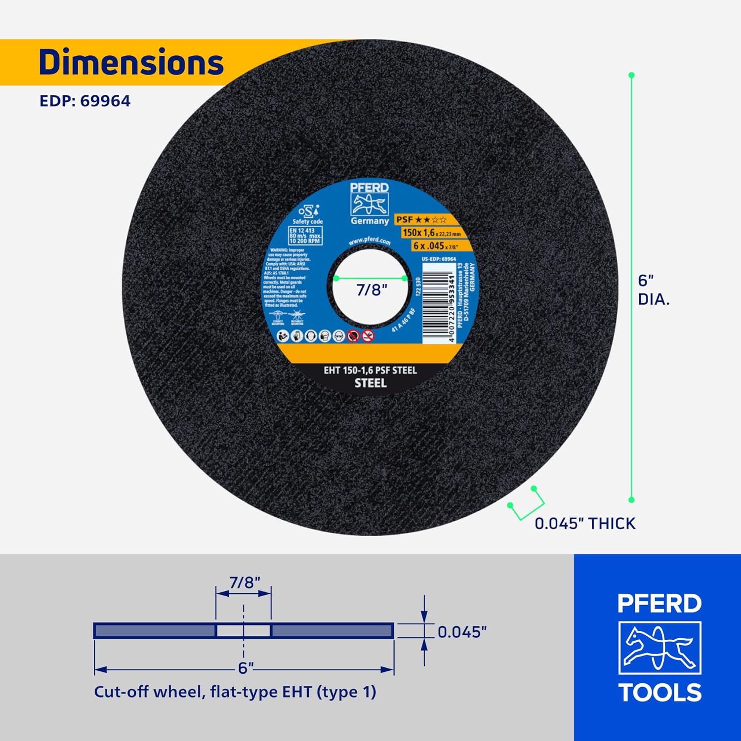 Pferd PSF Steel Type 1 Cut-Off Wheel, 6" x 0.045" x 7/8", Aluminum Oxide, 10,200 RPM – High-Performance Metal Cutting Disc for Steel & Stainless Steel (Pack of 25) – Part 69964