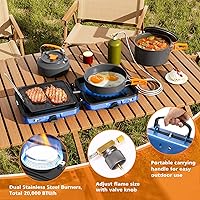 Vista 4 de Hisencn Camping Stove,2 Burner Propane Stove,20000 BTU/h Camping Cooking set Includes Frying Pan,Kettle and Pot,Adjustable Burners & Piezo