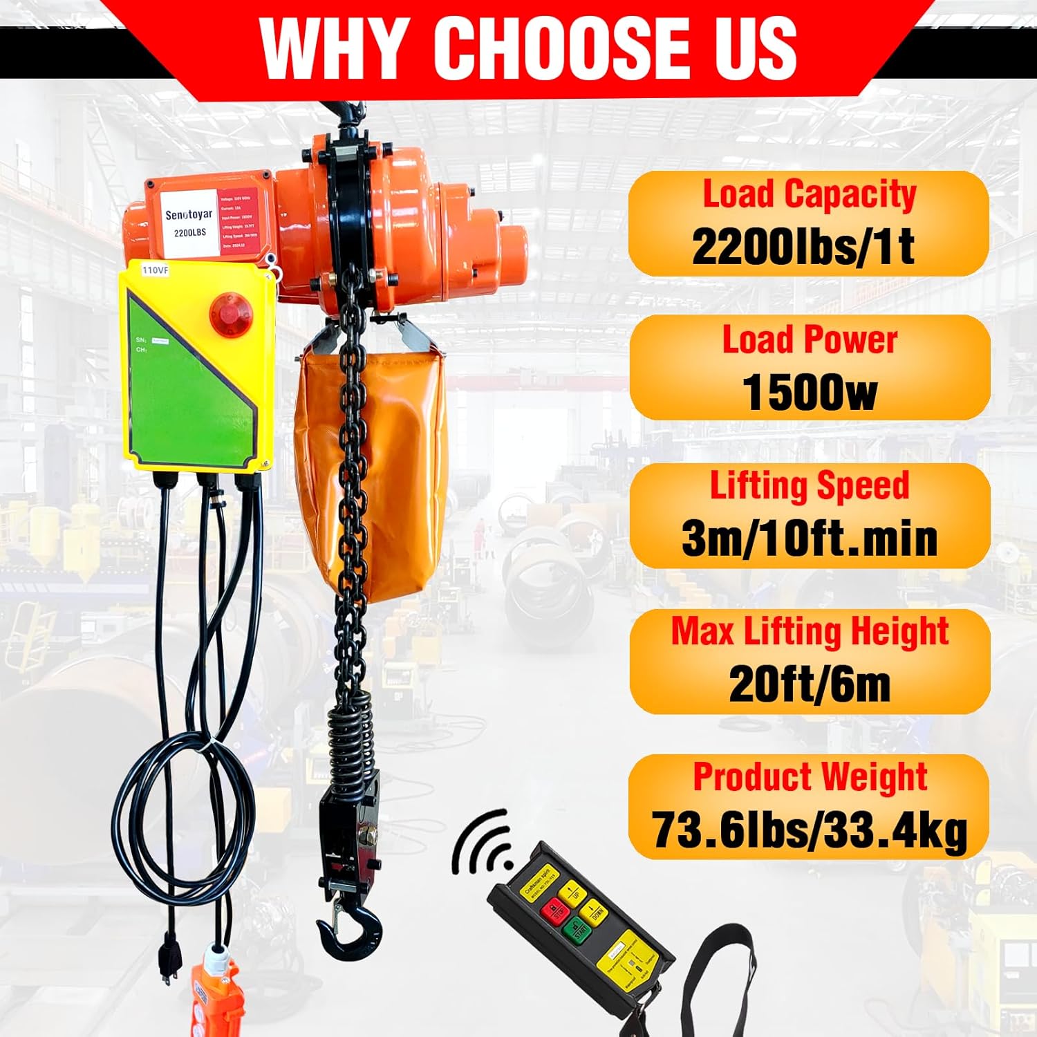 Electric Chain Hoist 2 in 1,2200 lbs Load Capacity,20 ft Lifting Height,120V Single Phase Overhead Crane with 328 ft Wireless & 15 ft Wired Remote Control, Ideal for Garage,Shop,and Home Use