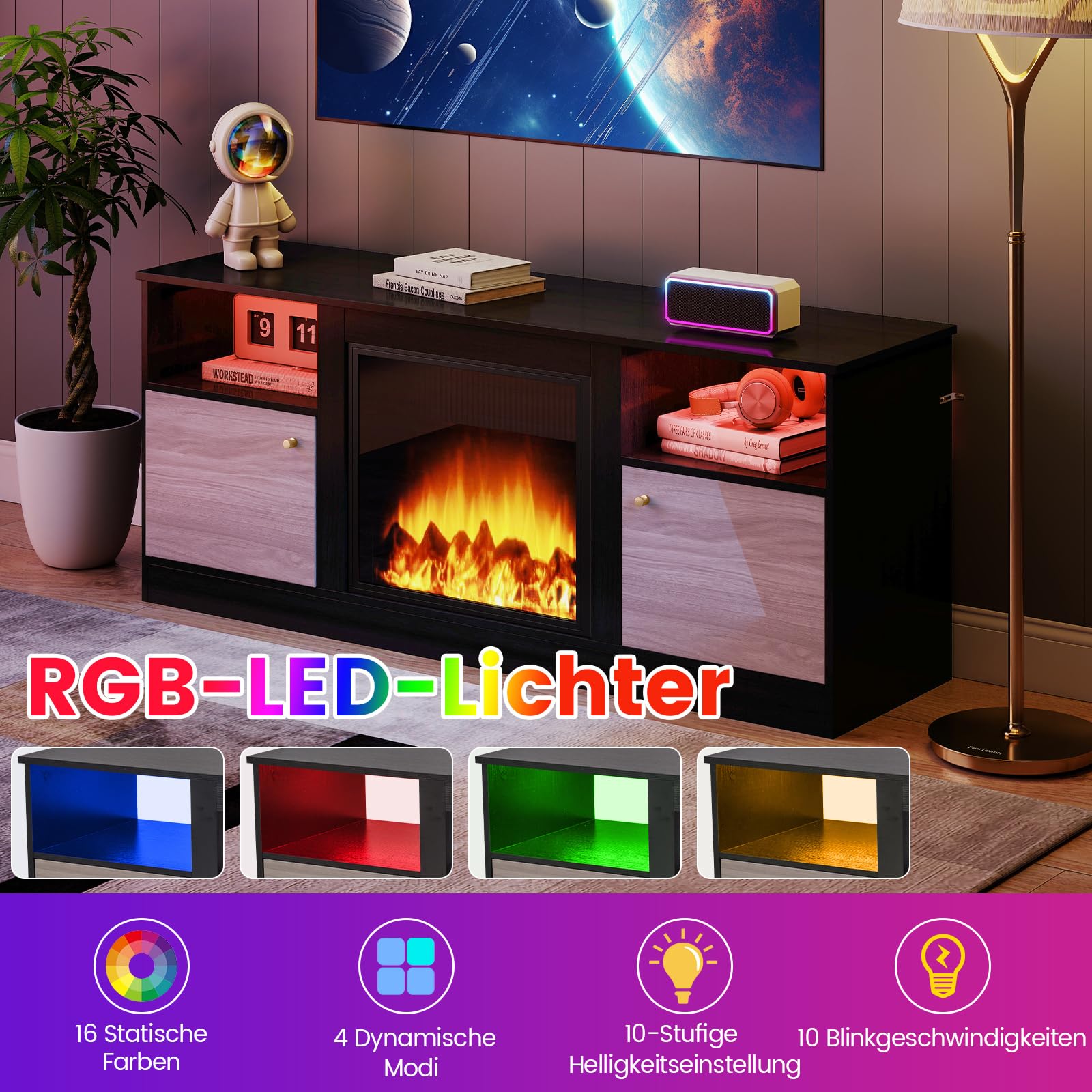 COSTWAY TV-Schrank mit LED-Lichtern für 65" Fernseher, Fernsehschrank mit verstellbarem Regal & offenem Fach für Einbaukamin, TV Lowboard für Wohnzimmer & Schlafzimmer, Schwarz