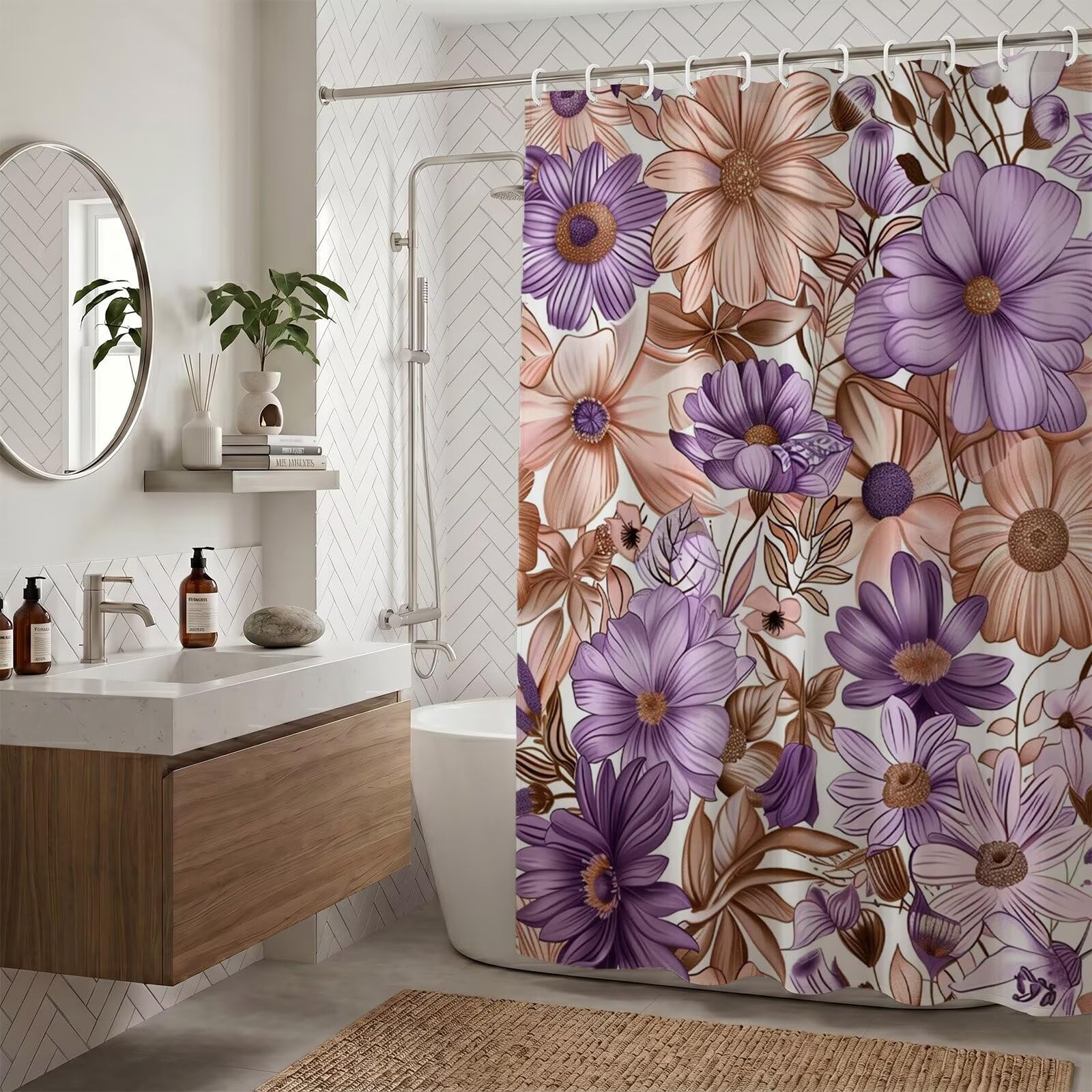 Rideau de douche tissu polyester lavable violet 140x190cm fleur ZO-945