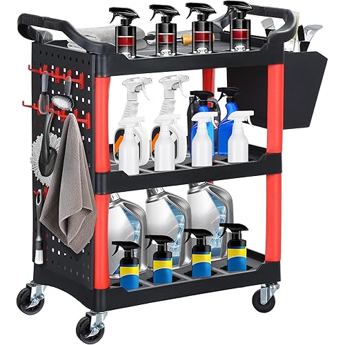YITAHOME Auto Detailing Cart with Wheels, 3 Tier Rolling Detail Cart with Long Hanging Plate & Hooks & Hanging Bucket, Car Wash Organizer Cart for Detailers Garage, Workshop, Repair Shop, Storage Tool