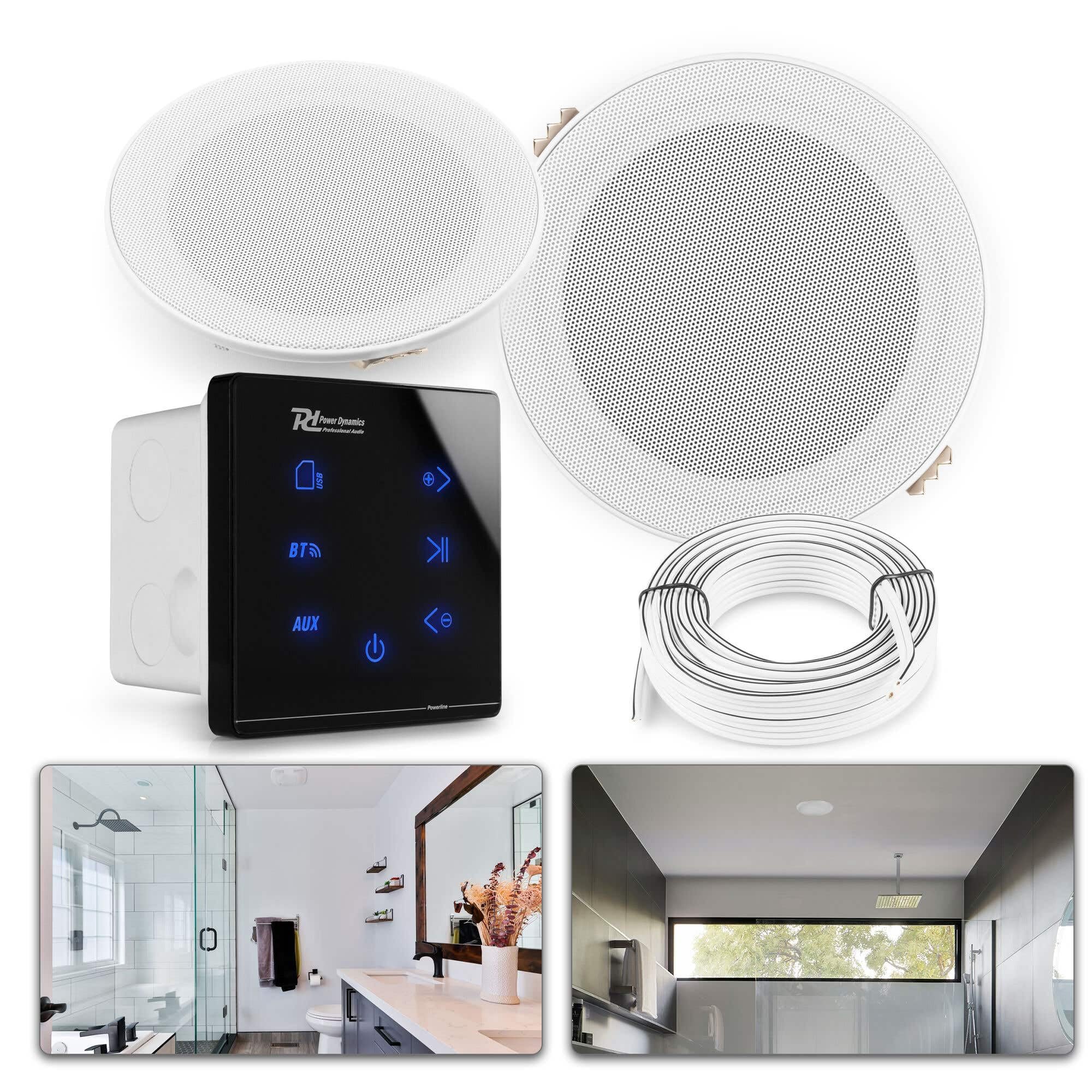 Power Dynamics Powerline A50B Pack Amplificateur Mural avec 2 Enceintes de Salle de Bain - 80 Watts, Câbles Inclus, BT 5.0, USB et Micro SD, Écran Tactile, Idéal pour Sonorisation de la Maison | Protection IPX5, convient pour les zones humides, lecture sa